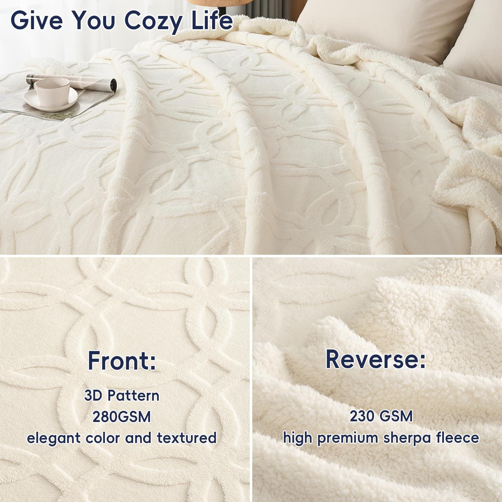 PHF Sherpa Fleece Blanket Queen Size 90" x 90" 510GSM Cream - Thumbnail 3