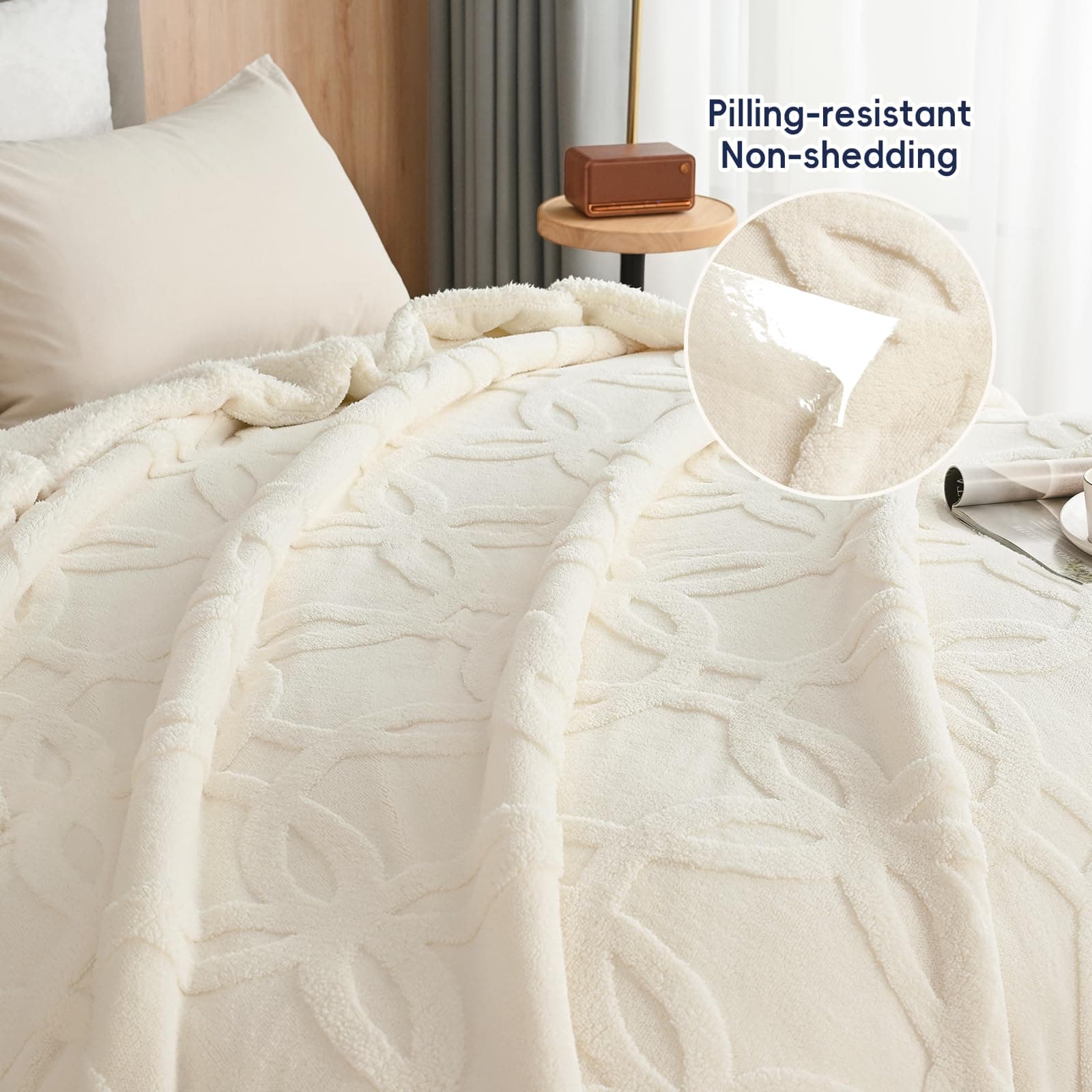 PHF Sherpa Fleece Blanket Queen Size 90" x 90" 510GSM Cream - Thumbnail 5