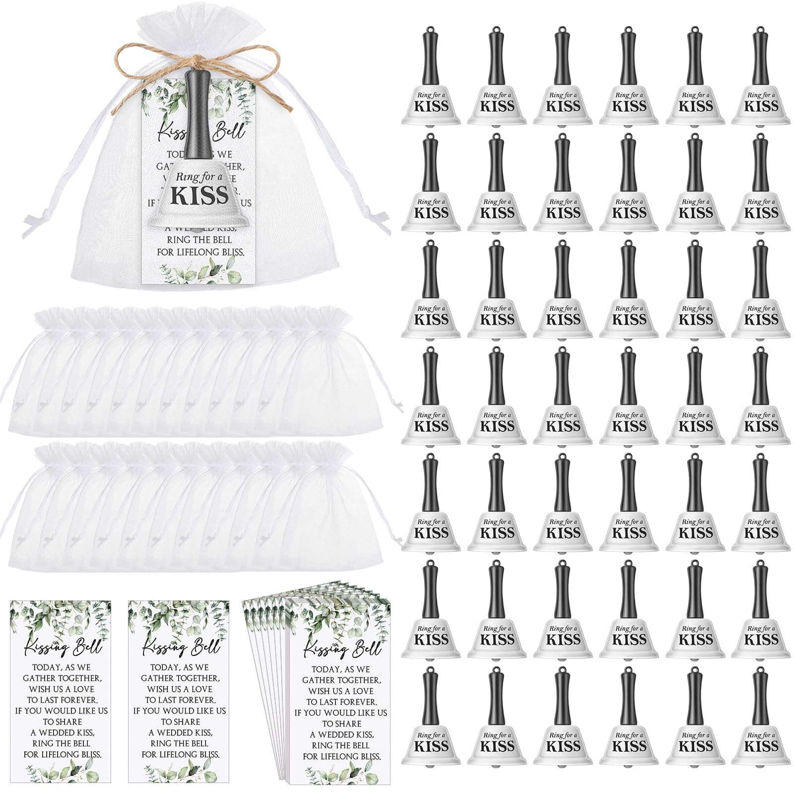 Lounsweer 100 Sets Wedding Kissing Bells Organza Bag Greenery Card
