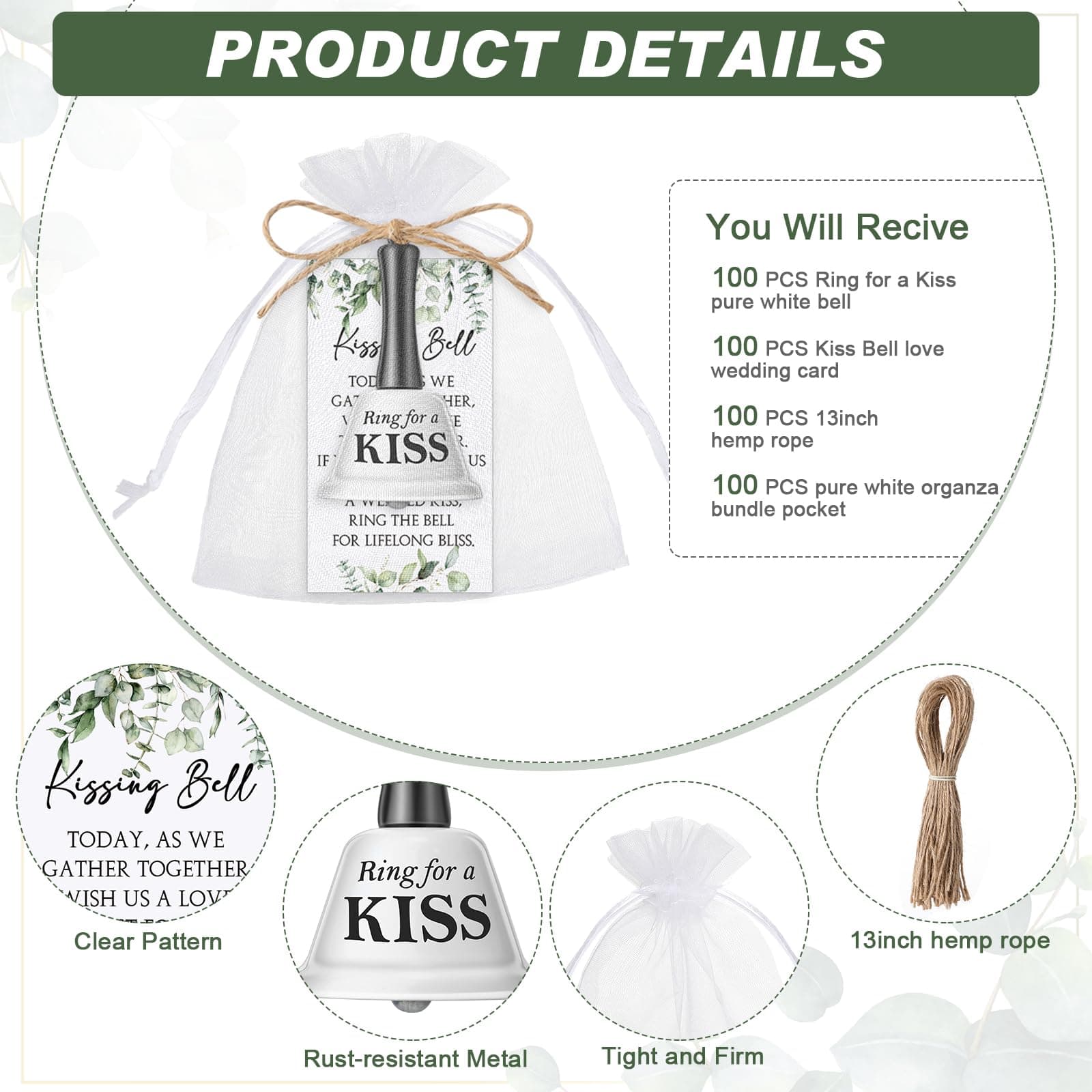 Lounsweer 100 Sets Wedding Kissing Bells Organza Bag Greenery Card - Thumbnail 2