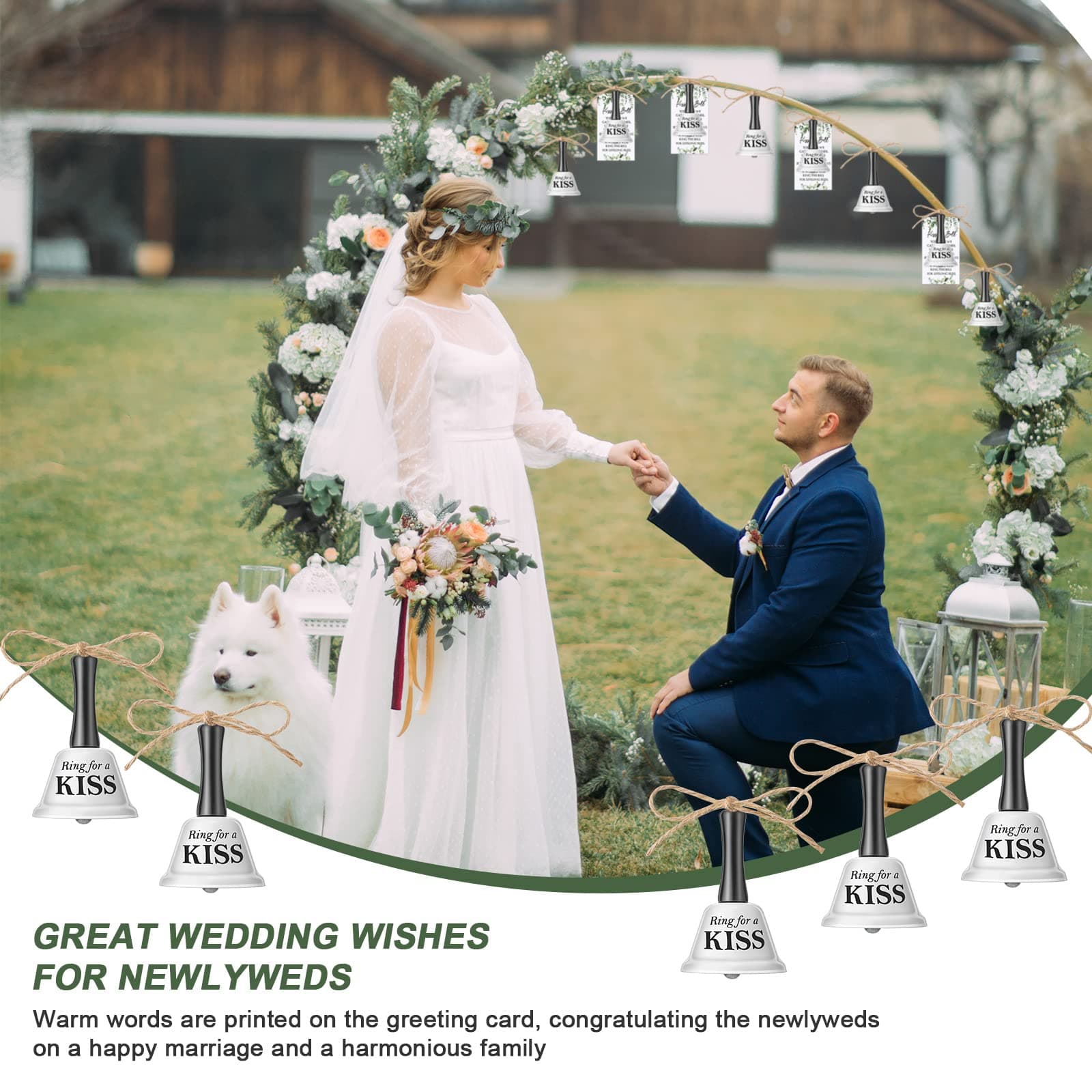 Lounsweer 100 Sets Wedding Kissing Bells Organza Bag Greenery Card - Thumbnail 4
