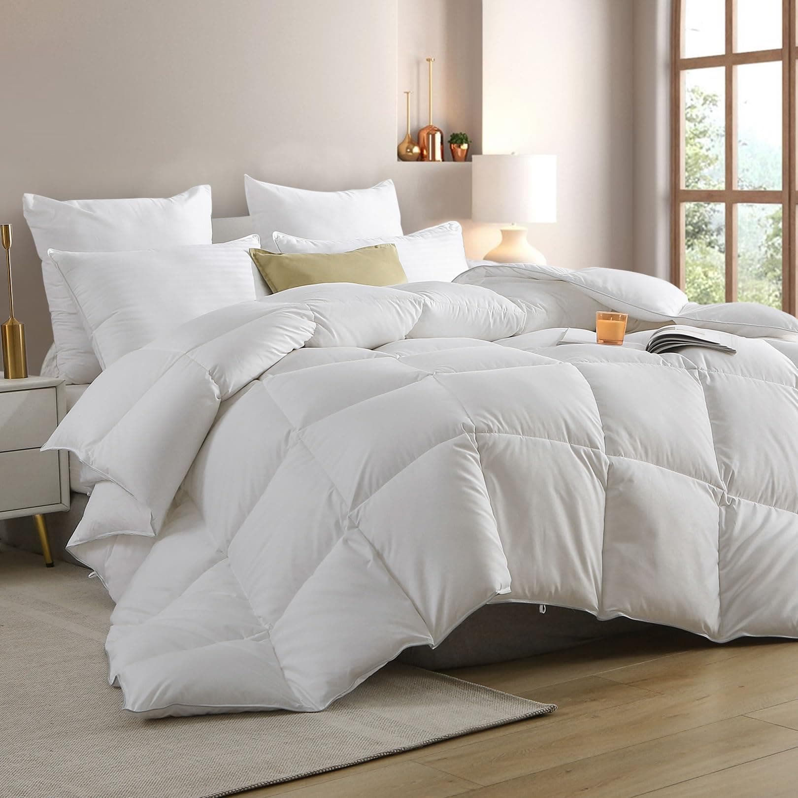Cobnom Feather Down Comforter Oversized Queen 98x98 Inch White All Season