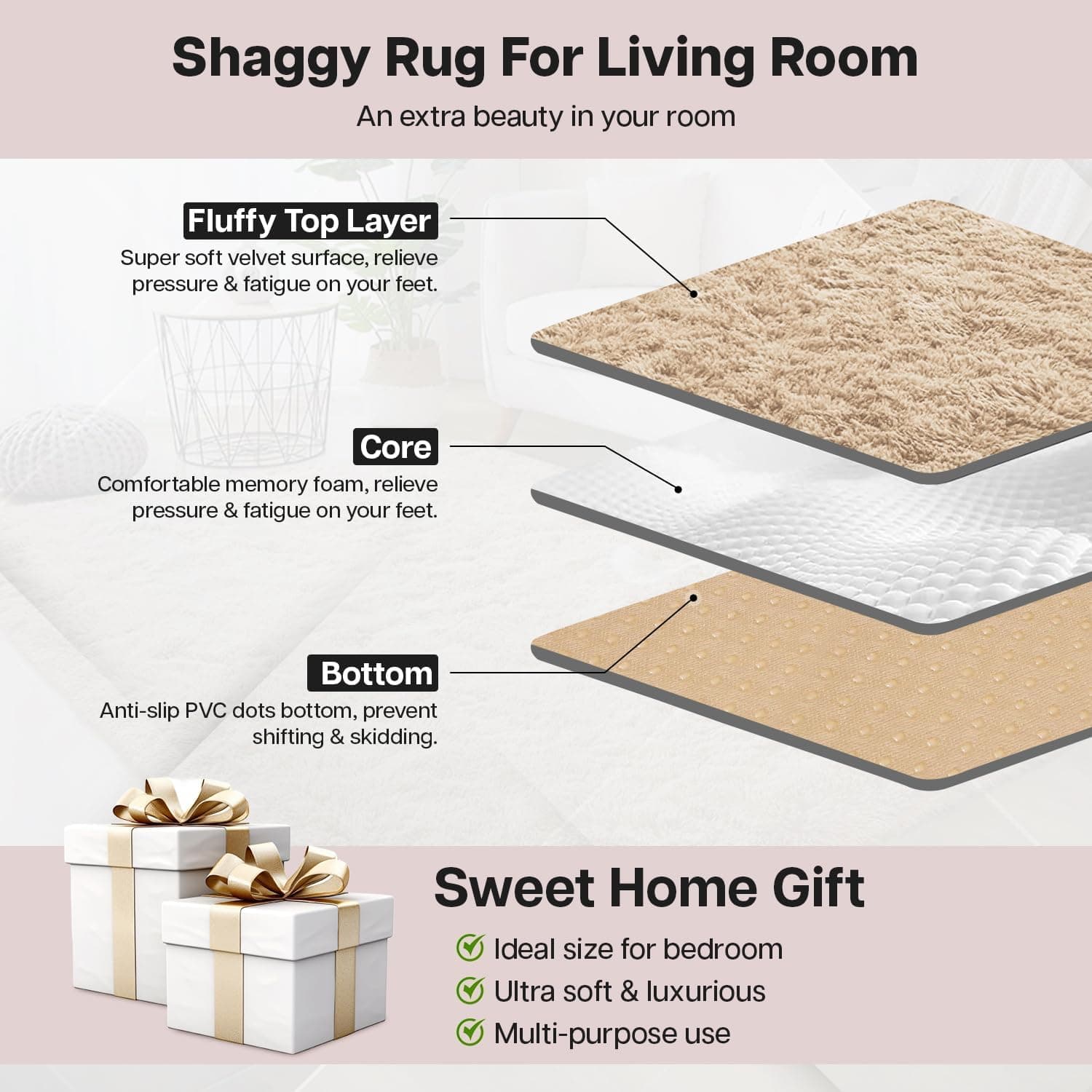 IR Imperial Rooms 8x10 Area Rug - Beige Shag Fluffy Soft Plush Washable - Thumbnail 4