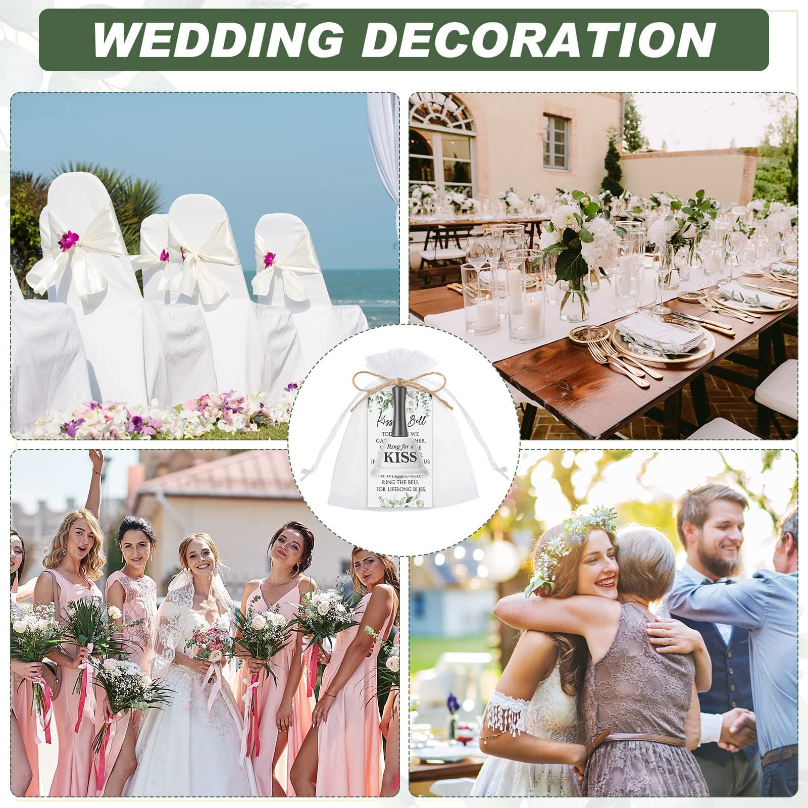 Lounsweer 100 Sets Wedding Kissing Bells Organza Bag Greenery Card - Thumbnail 3