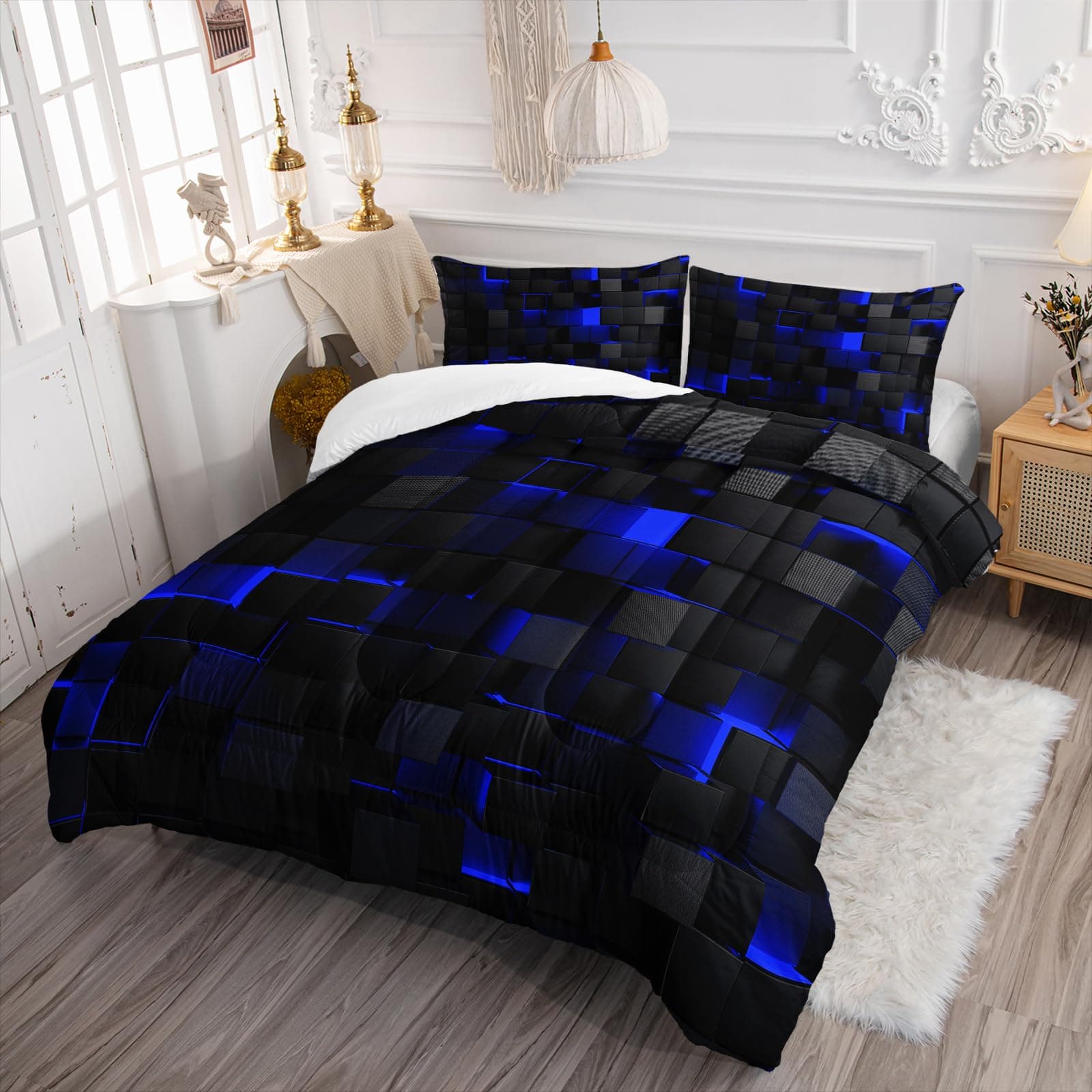 Nttopship Geometric Blue Black Comforter Set King Size 3 Piece Microfiber All - Thumbnail 3
