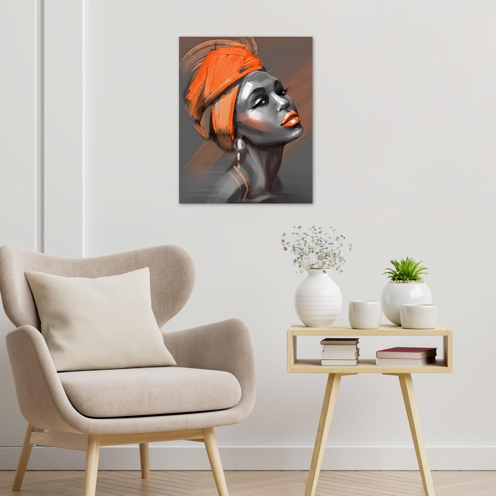 LB African Black Woman Orange Hair Canvas 16x24 Inch Framed Ready to Hang - Thumbnail 8