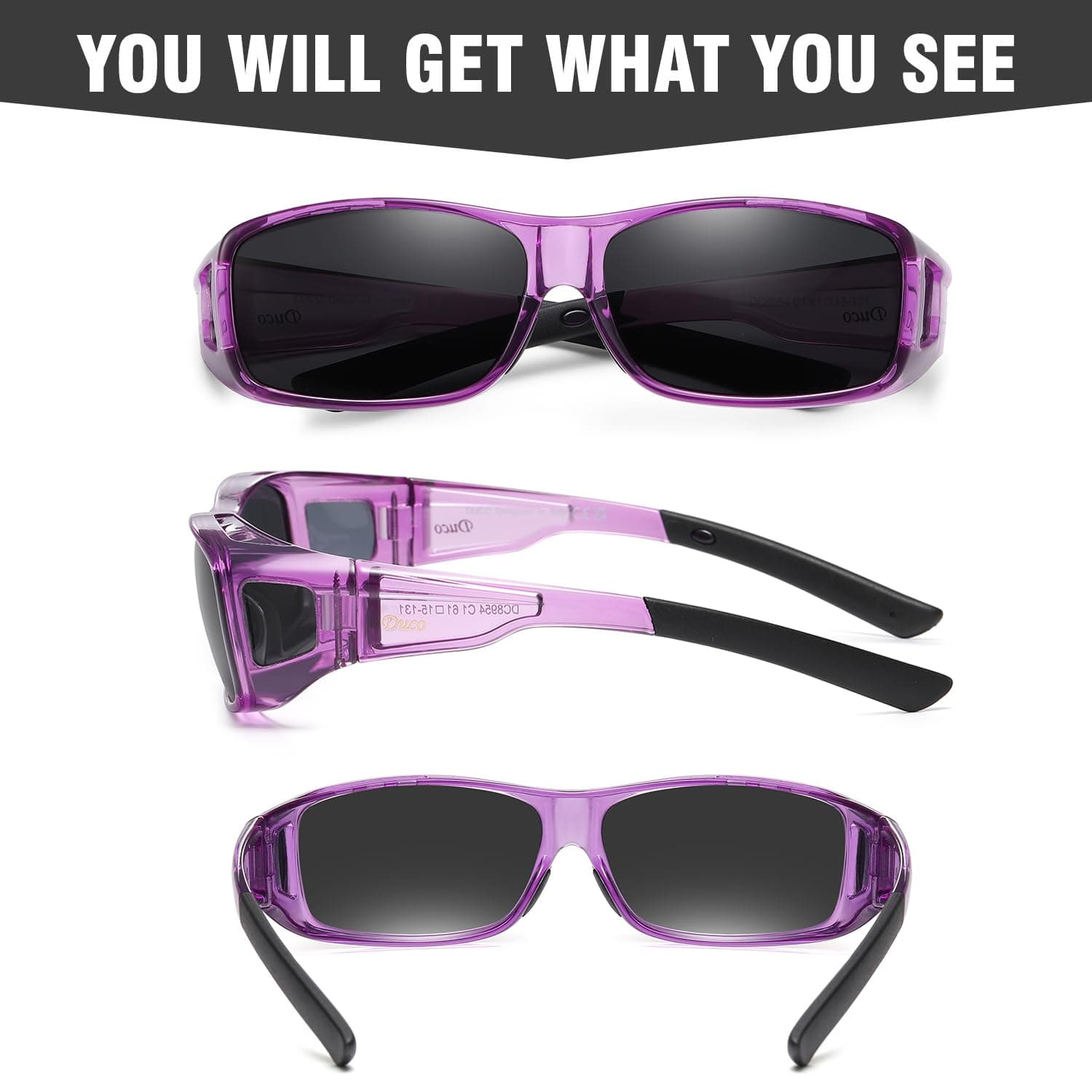 DUCO Polarized Wraparound Fitover Sunglasses Clear Purple Frame Grey - Thumbnail 2