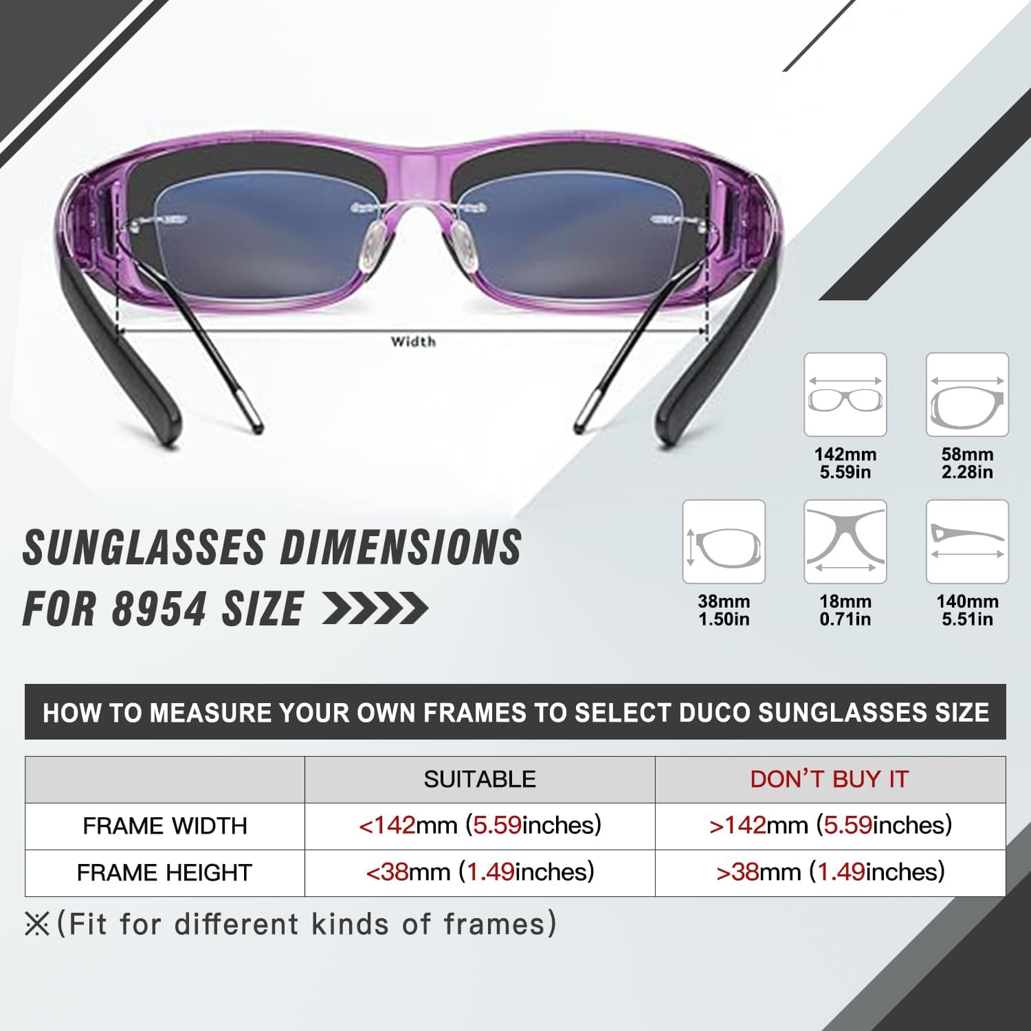 DUCO Polarized Wraparound Fitover Sunglasses Clear Purple Frame Grey - Thumbnail 3