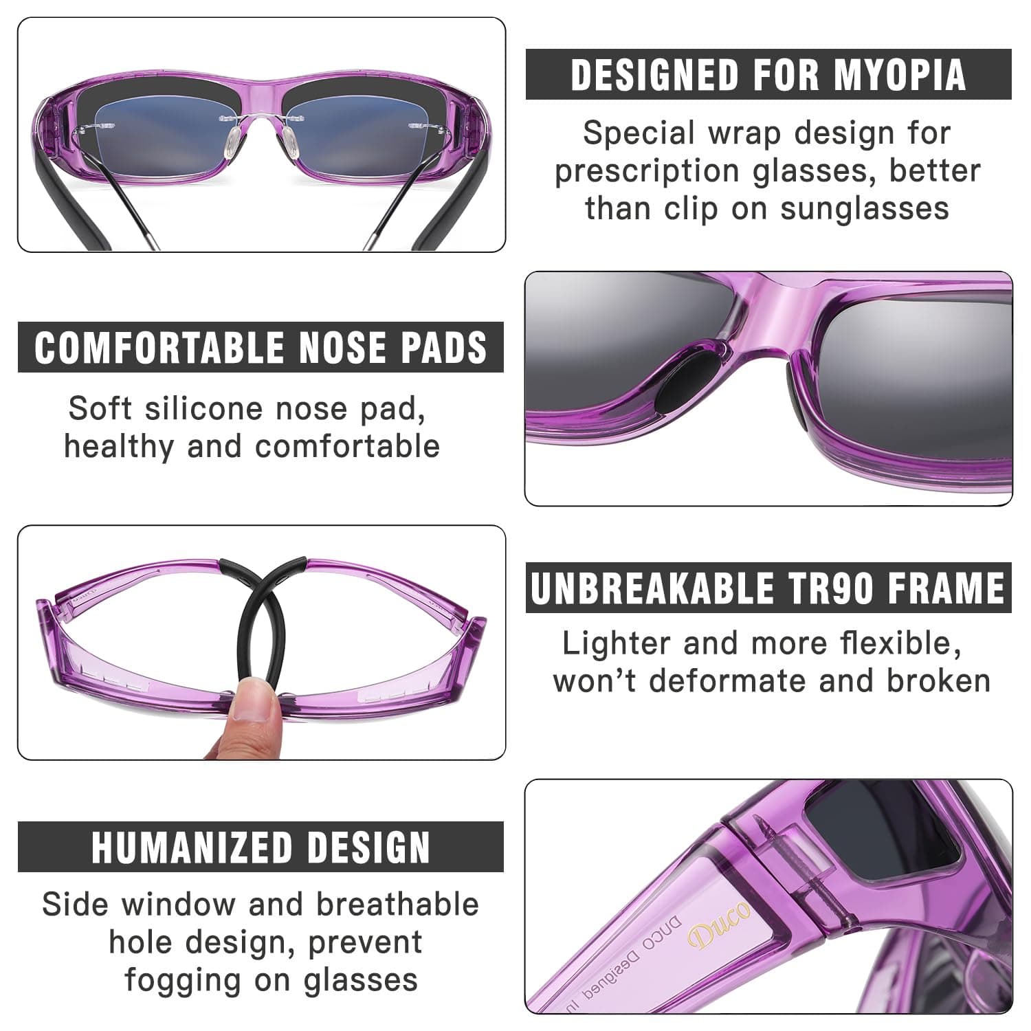 DUCO Polarized Wraparound Fitover Sunglasses Clear Purple Frame Grey - Thumbnail 4