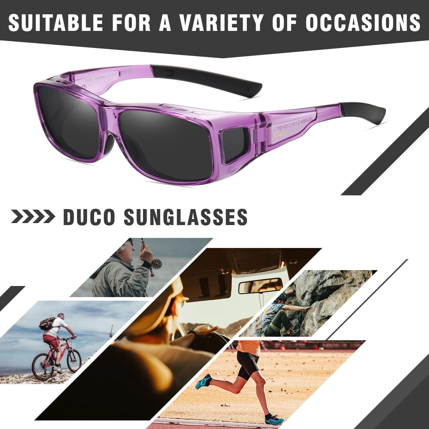 DUCO Polarized Wraparound Fitover Sunglasses Clear Purple Frame Grey - Thumbnail 5