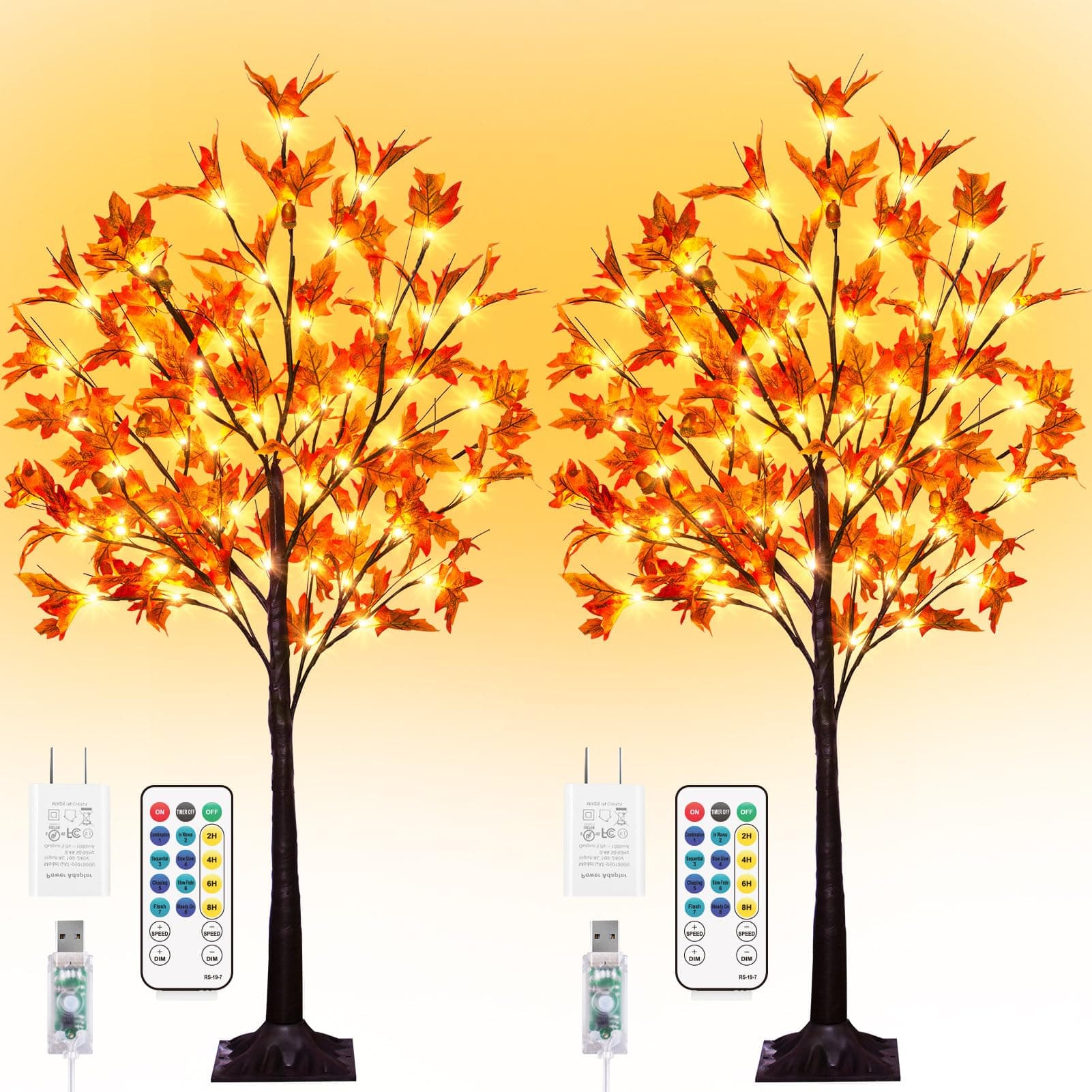 2 Pack 4FT 60LED Lighted Maple Tree w/6 Acorn Remote 8 Modes DC 5V Outdoor
