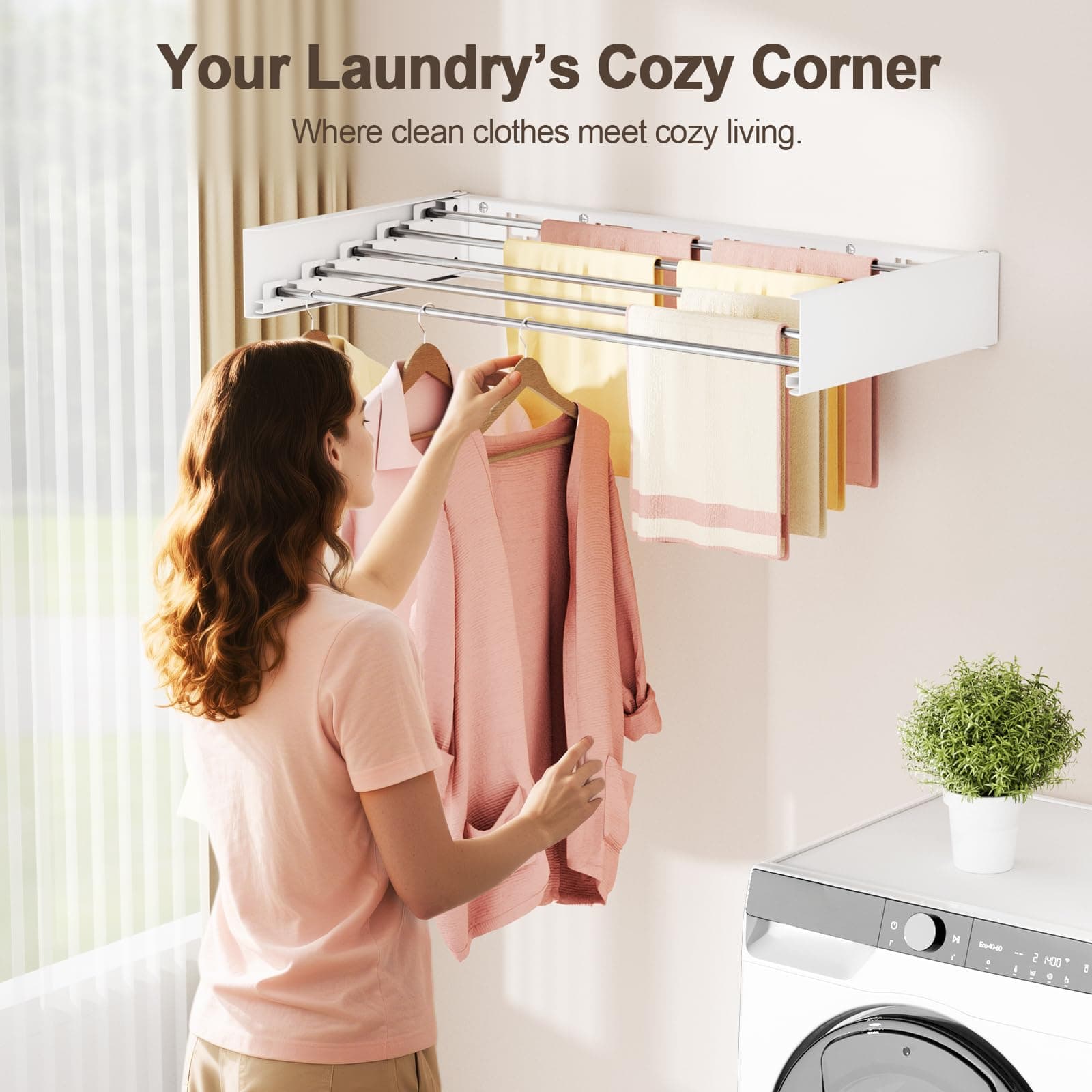 Vasunray Wall Mounted Clothes Drying Rack 5 Drying Rods White 32" - Thumbnail 2