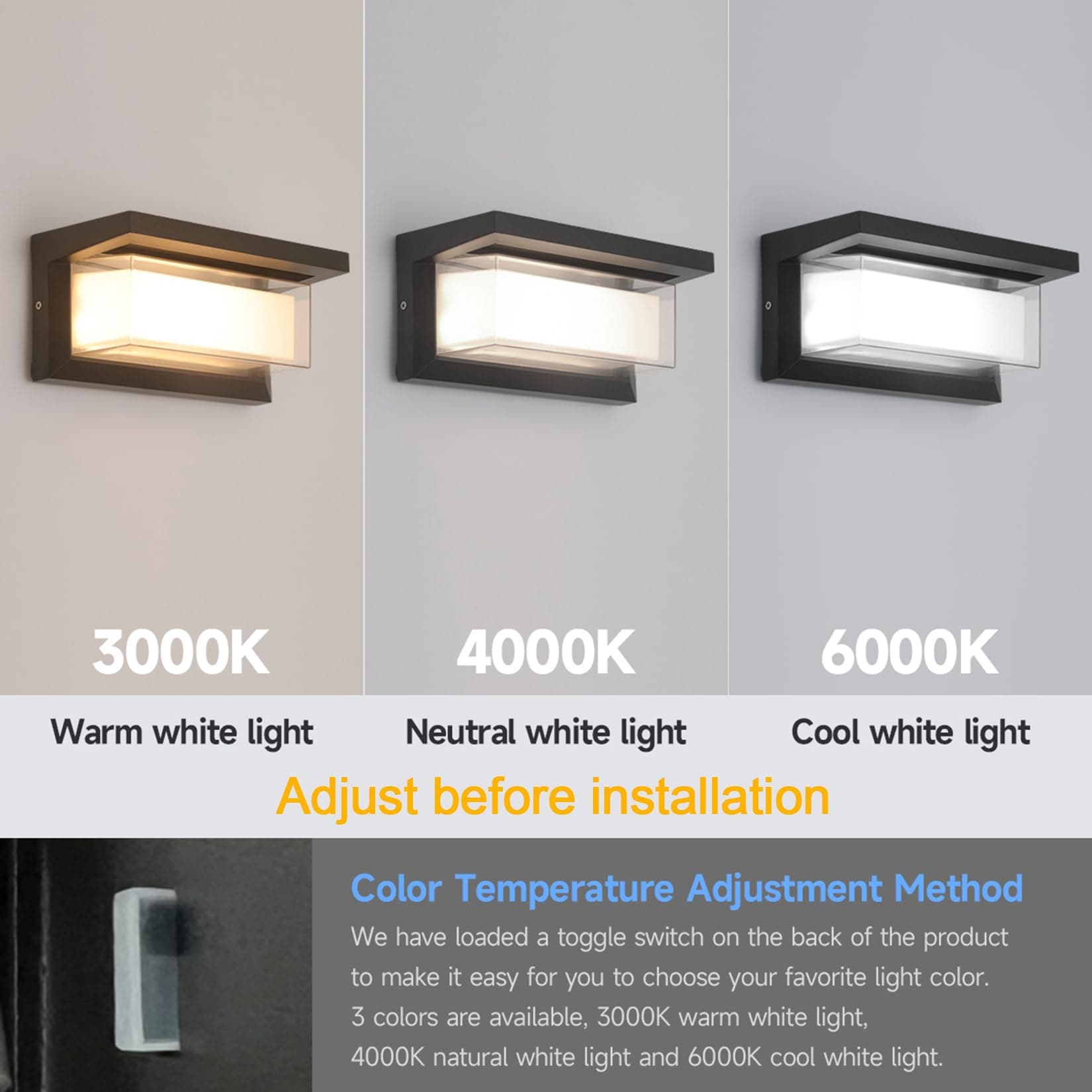 2 Pack 24W LED Outdoor Wall Lights 3-Color 2100LM IP65 Waterproof Adjustable - Thumbnail 6