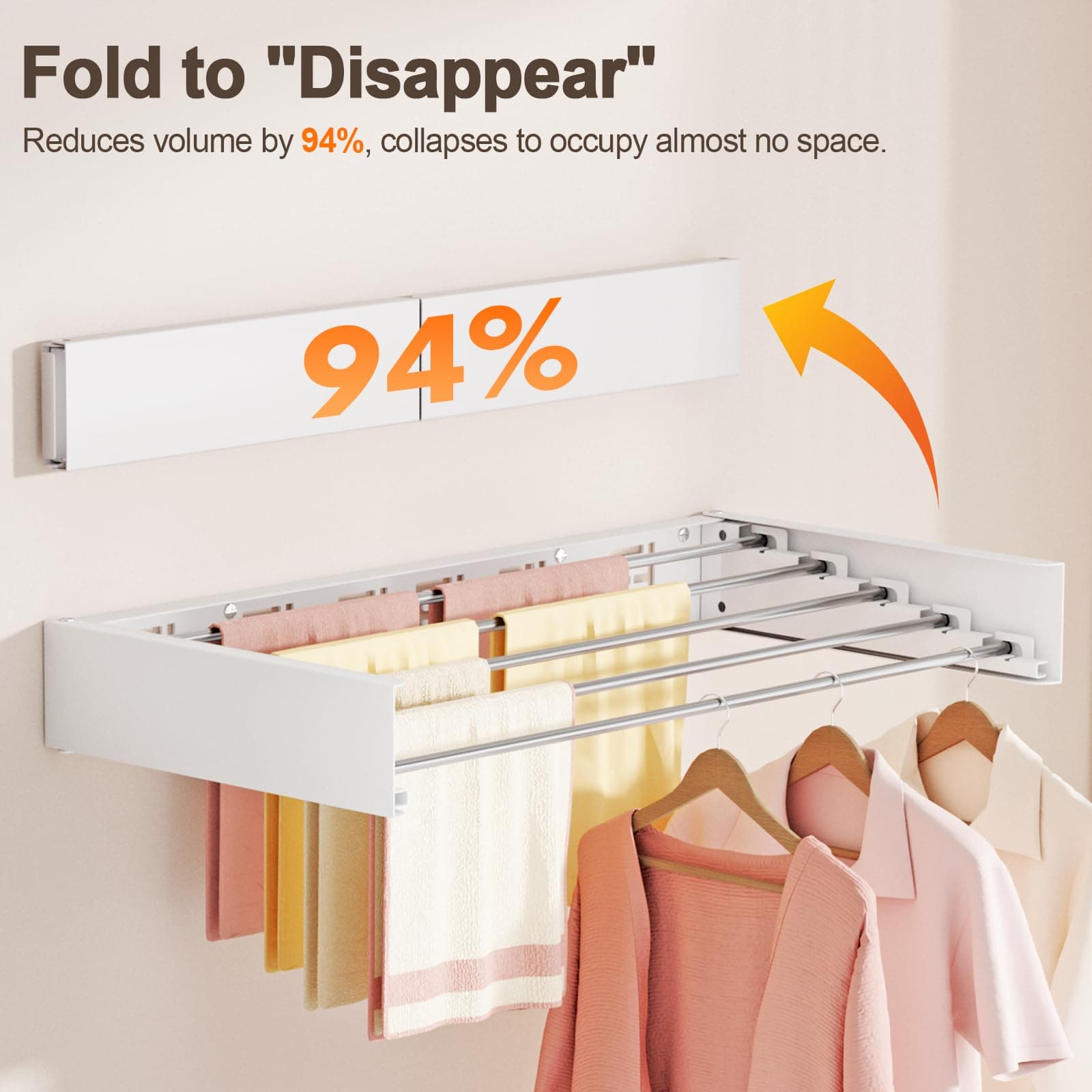 Vasunray Wall Mounted Clothes Drying Rack 5 Drying Rods White 32" - Thumbnail 4