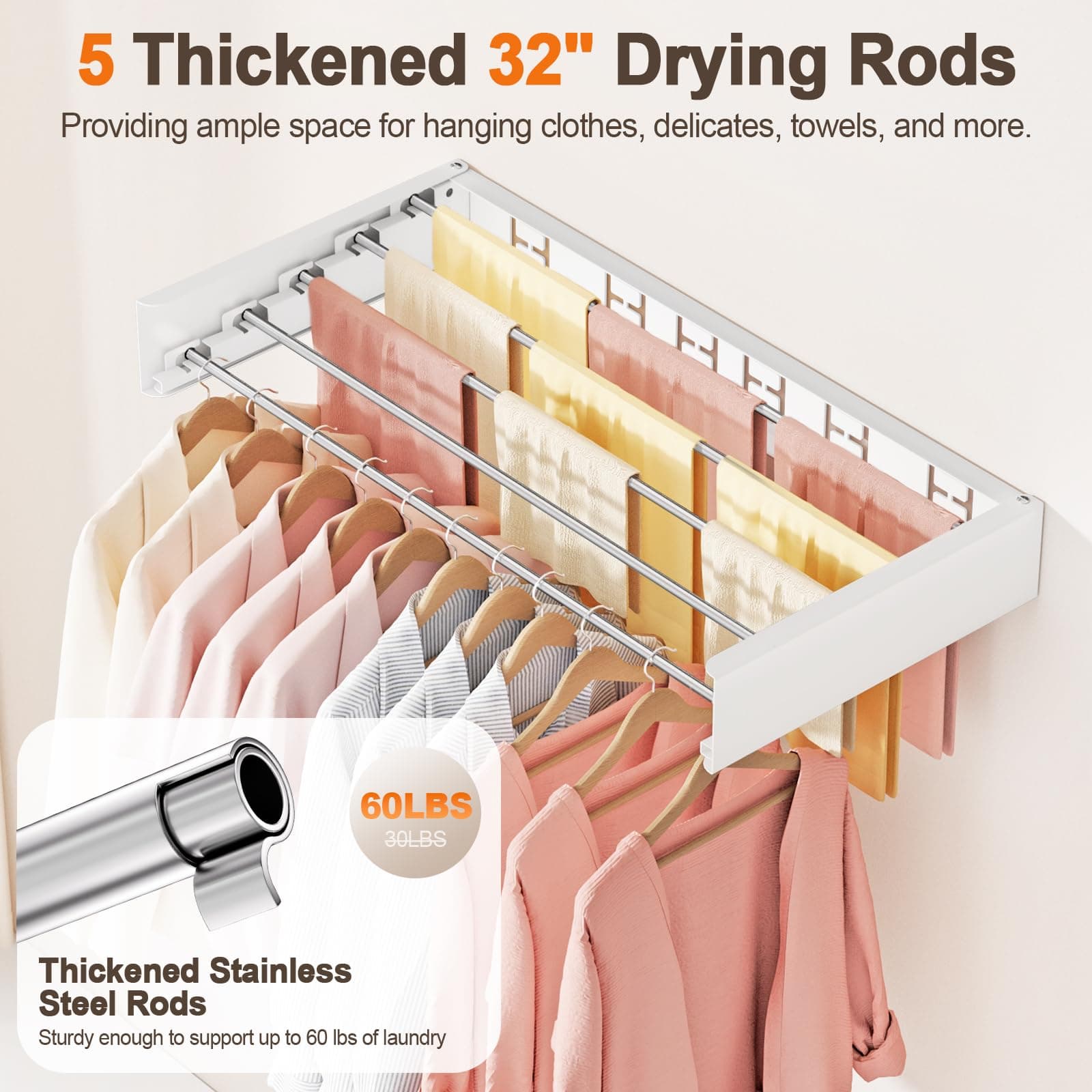 Vasunray Wall Mounted Clothes Drying Rack 5 Drying Rods White 32" - Thumbnail 5
