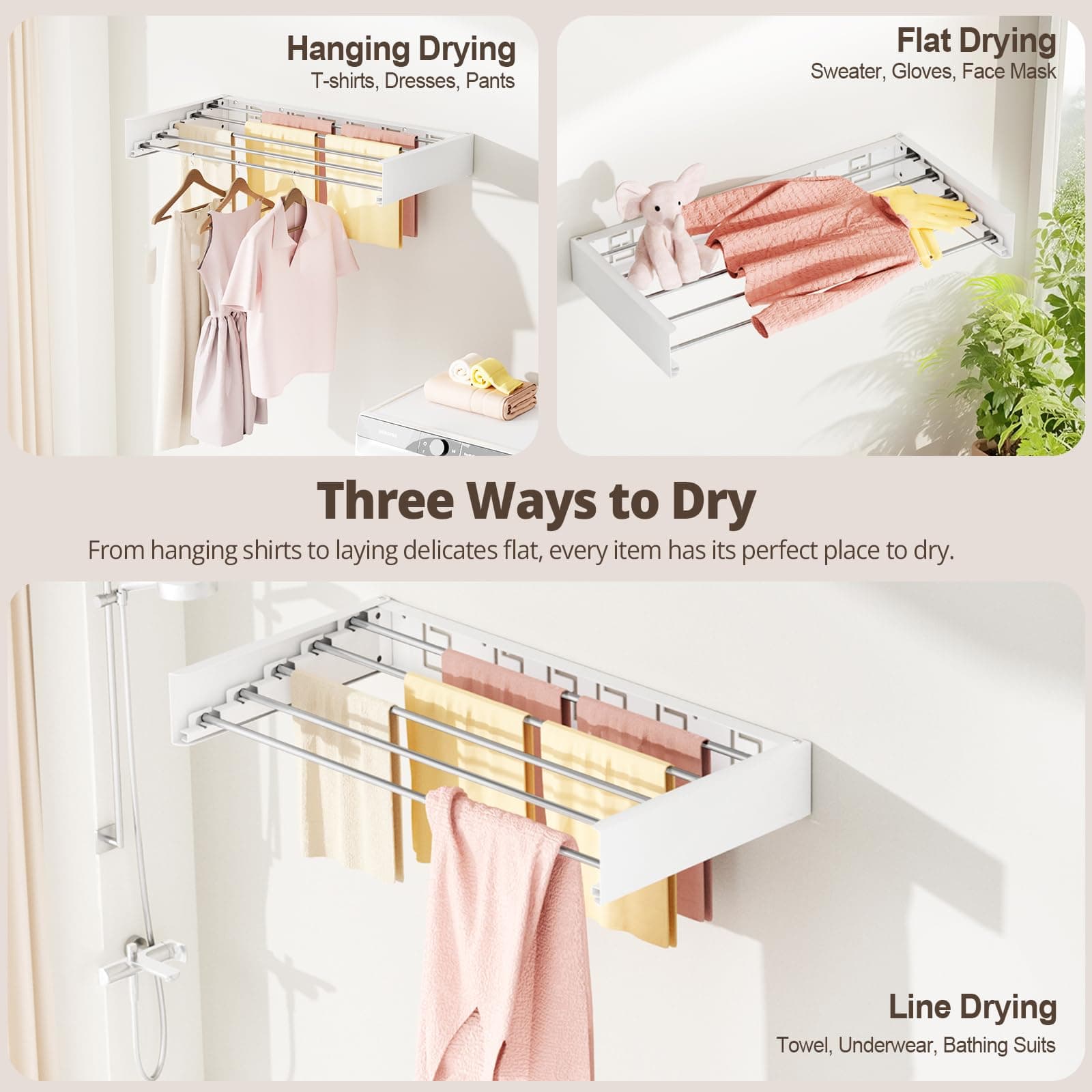 Vasunray Wall Mounted Clothes Drying Rack 5 Drying Rods White 32" - Thumbnail 7