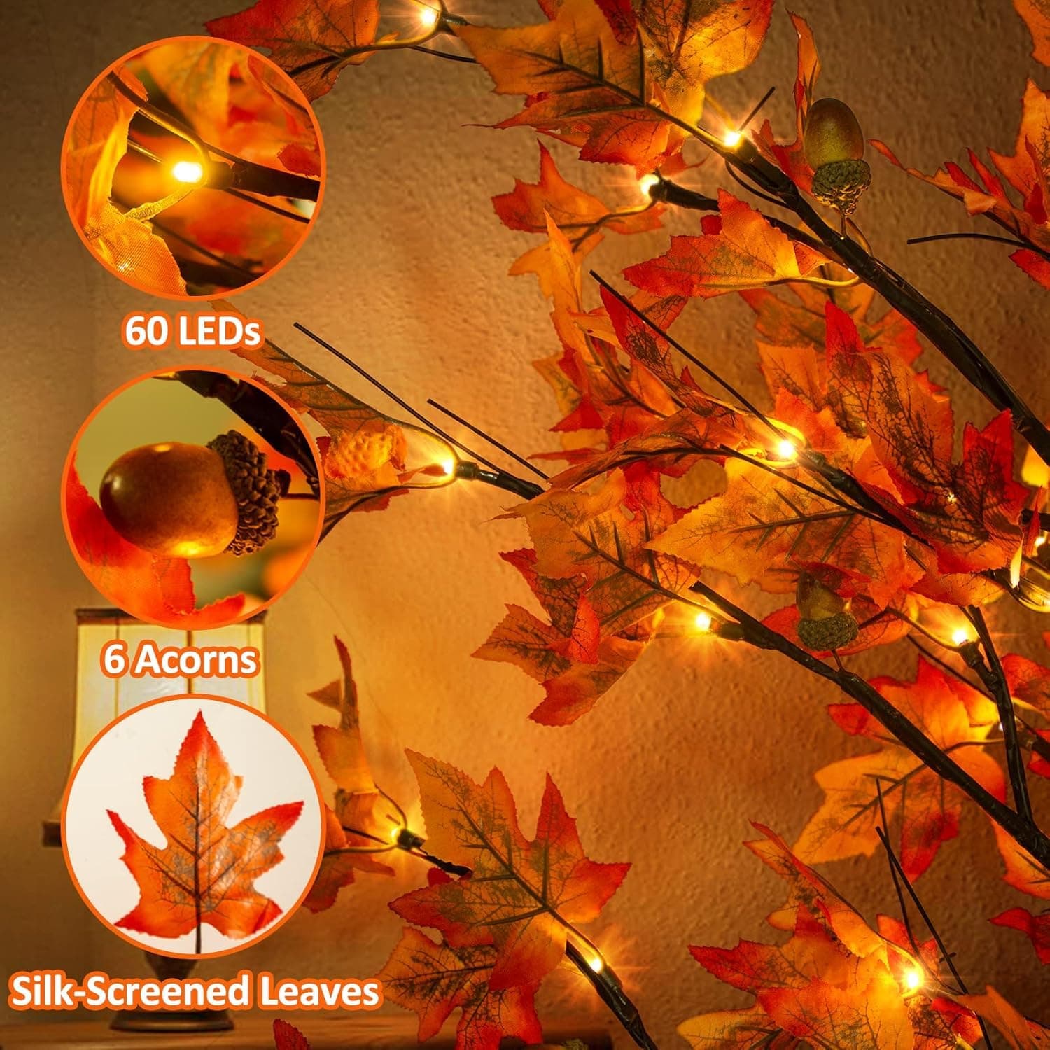 2 Pack 4FT 60LED Lighted Maple Tree w/6 Acorn Remote 8 Modes DC 5V Outdoor - Thumbnail 2