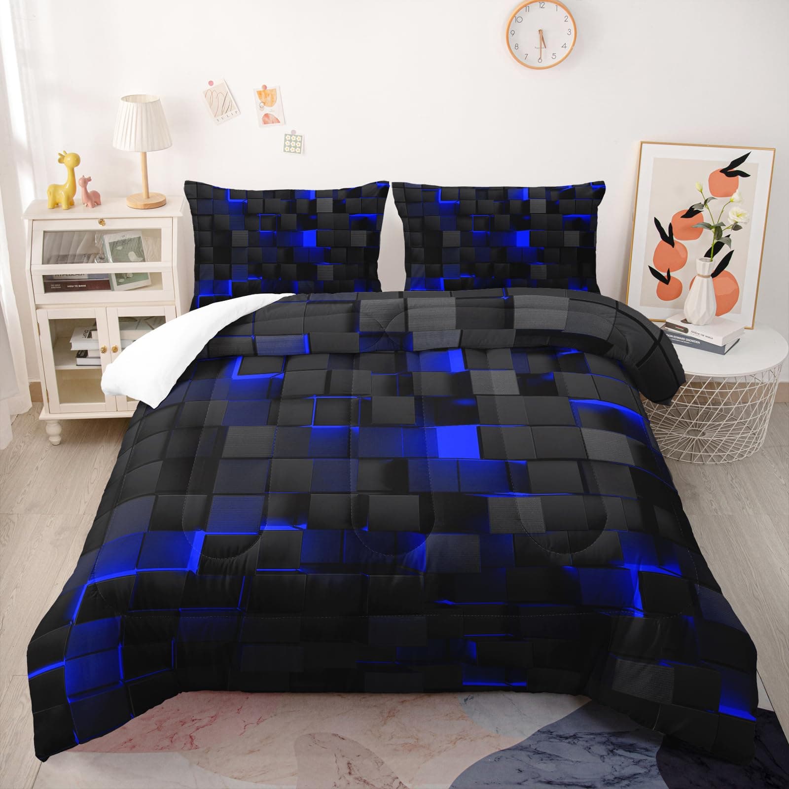 Nttopship Geometric Blue Black Comforter Set King Size 3 Piece Microfiber All - Thumbnail 2