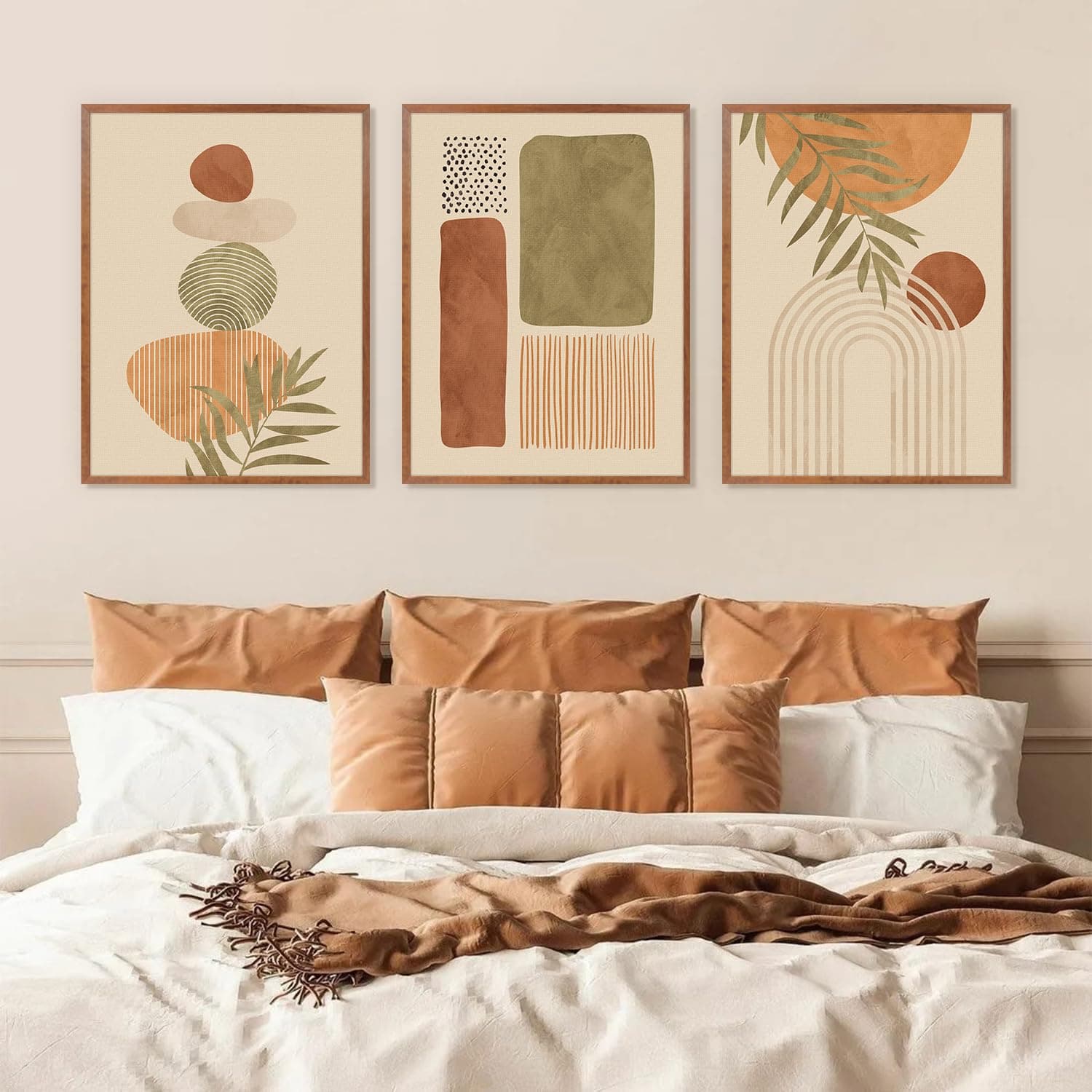 LHIUEM Mid Century Modern Canvas Wall Art Set of 3 12”X16” Neutral Boho