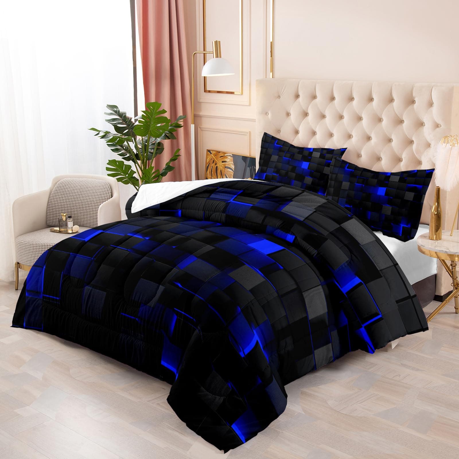 Nttopship Geometric Blue Black Comforter Set King Size 3 Piece Microfiber All