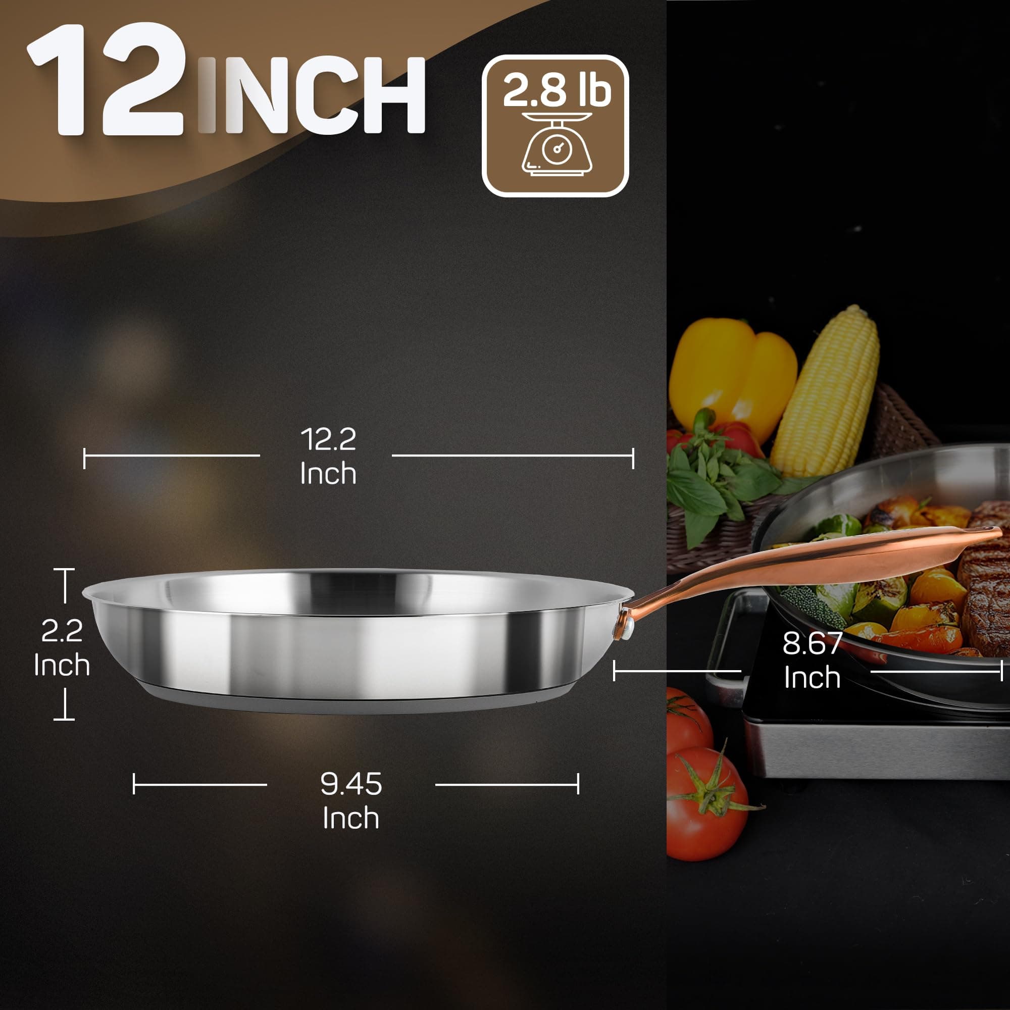 ciwete 12 Inch Tri-Ply Stainless Steel Frying Pan with Brass Cool Handle - Thumbnail 6