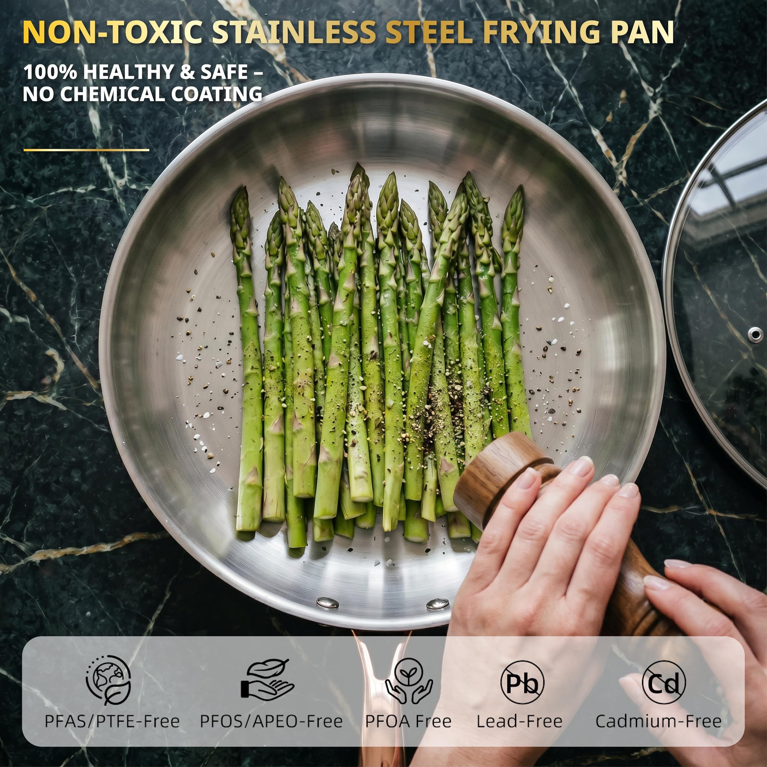 ciwete 12 Inch Tri-Ply Stainless Steel Frying Pan with Brass Cool Handle - Thumbnail 4