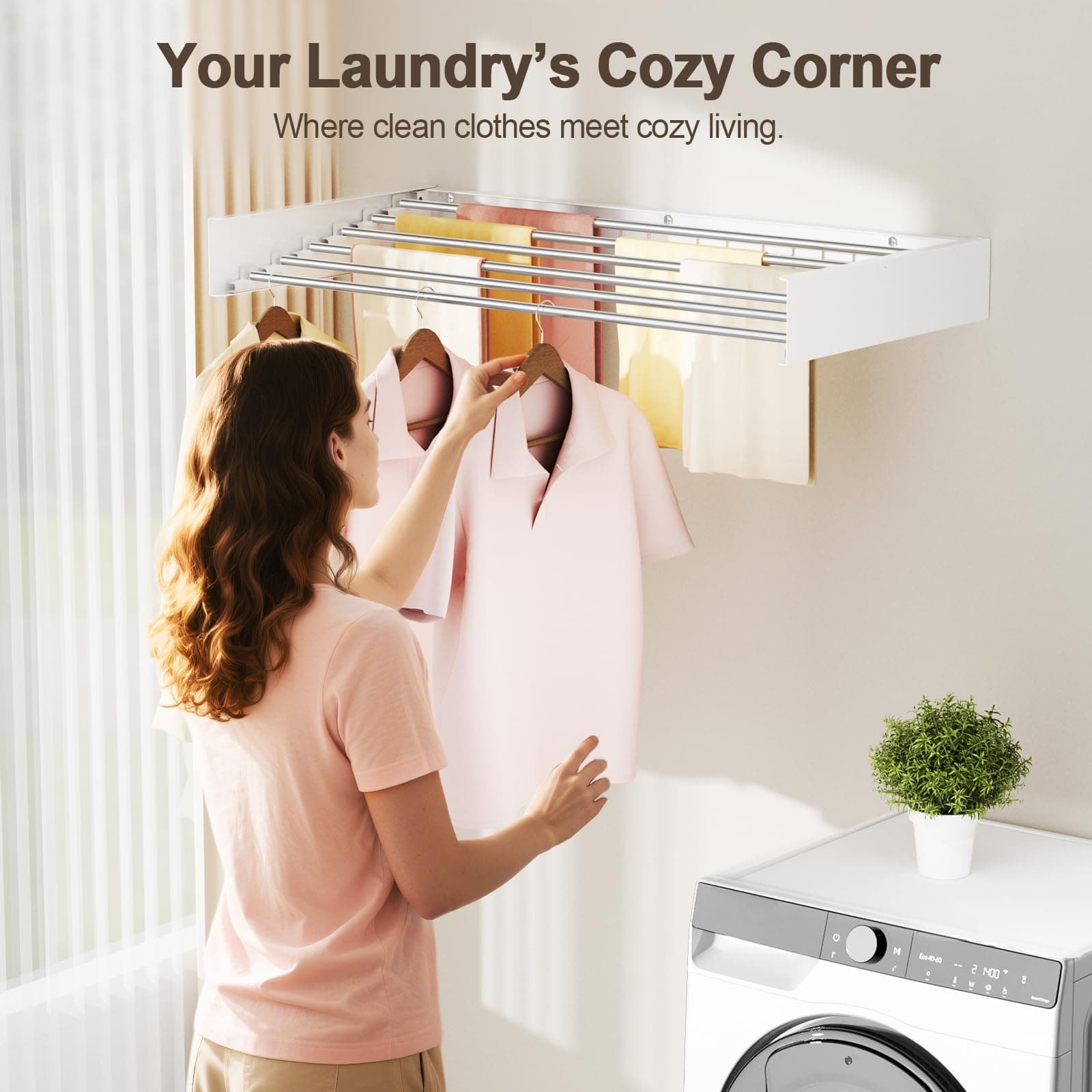 Vasunray Wall Mounted Drying Rack 6 Rods Retractable White 40" - Thumbnail 2