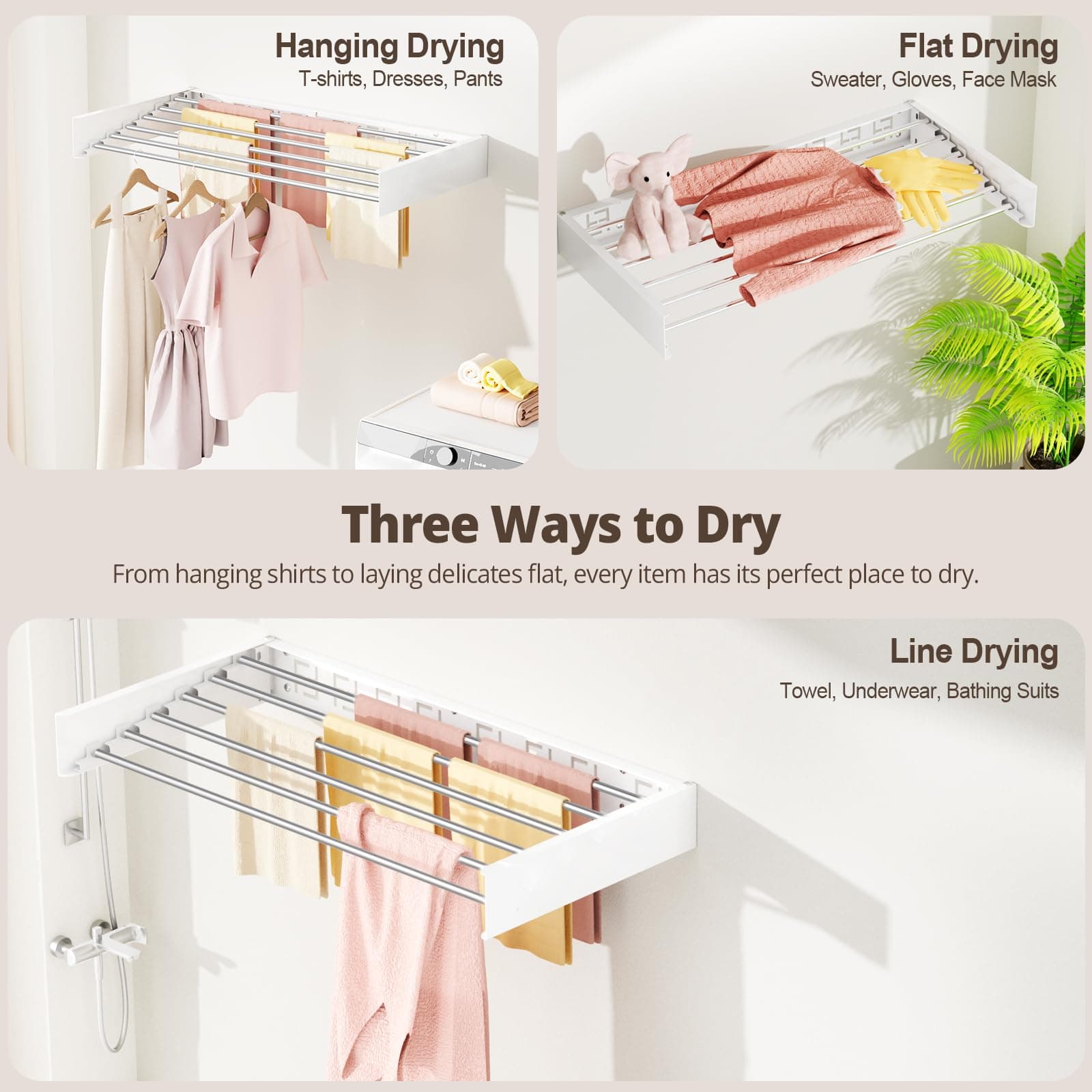 Vasunray Wall Mounted Drying Rack 6 Rods Retractable White 40" - Thumbnail 7