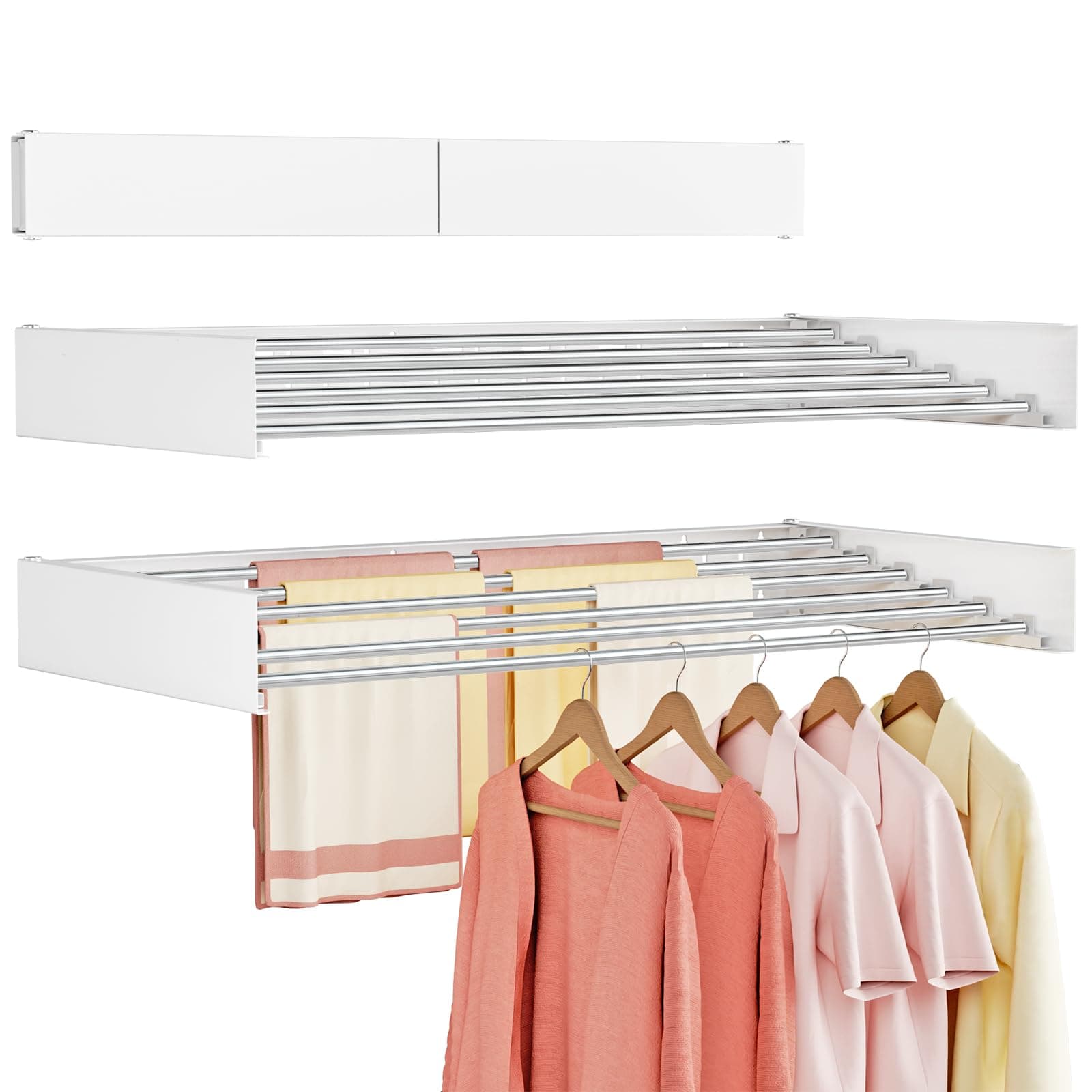 Vasunray Wall Mounted Drying Rack 6 Rods Retractable White 40"