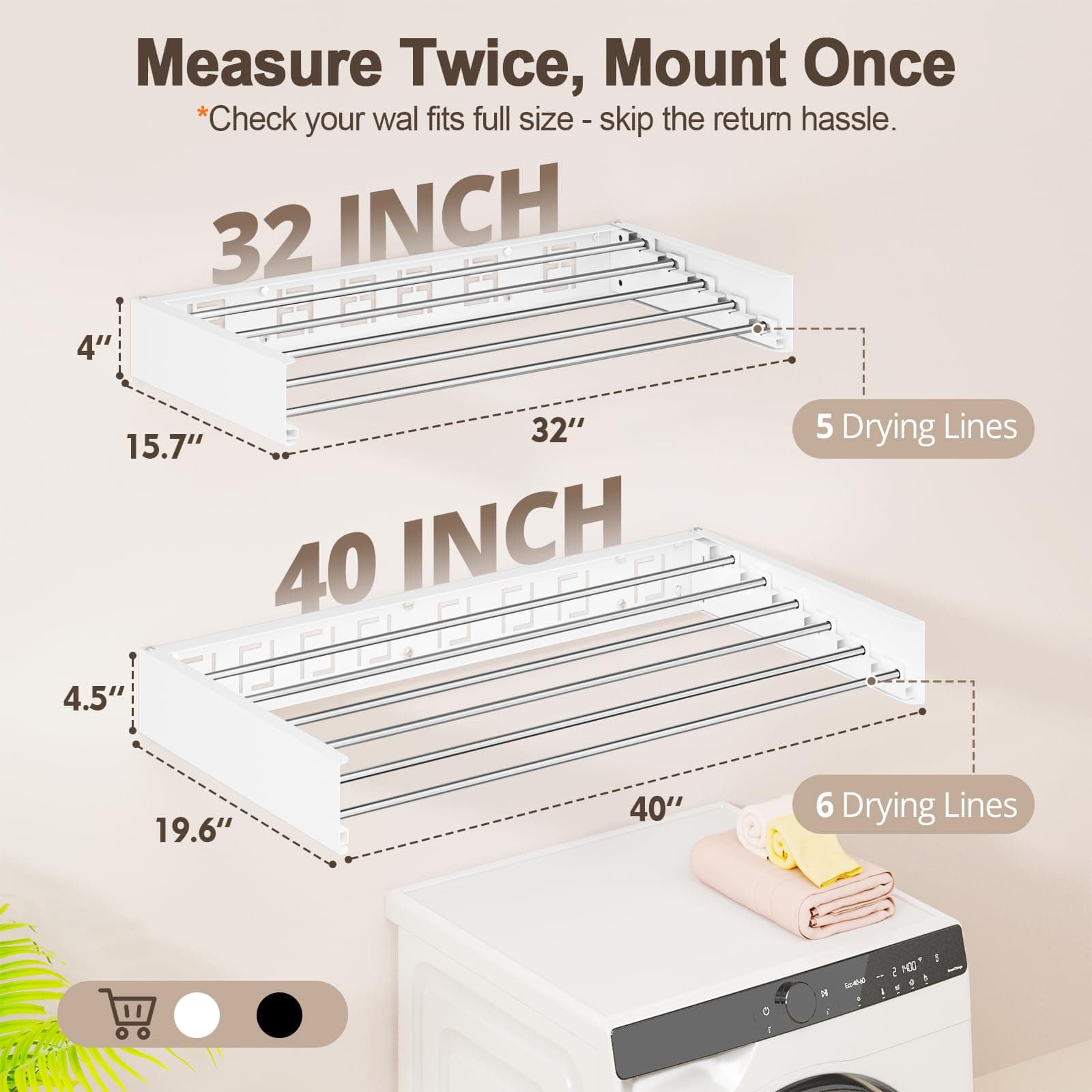 Vasunray Wall Mounted Drying Rack 6 Rods Retractable White 40" - Thumbnail 3