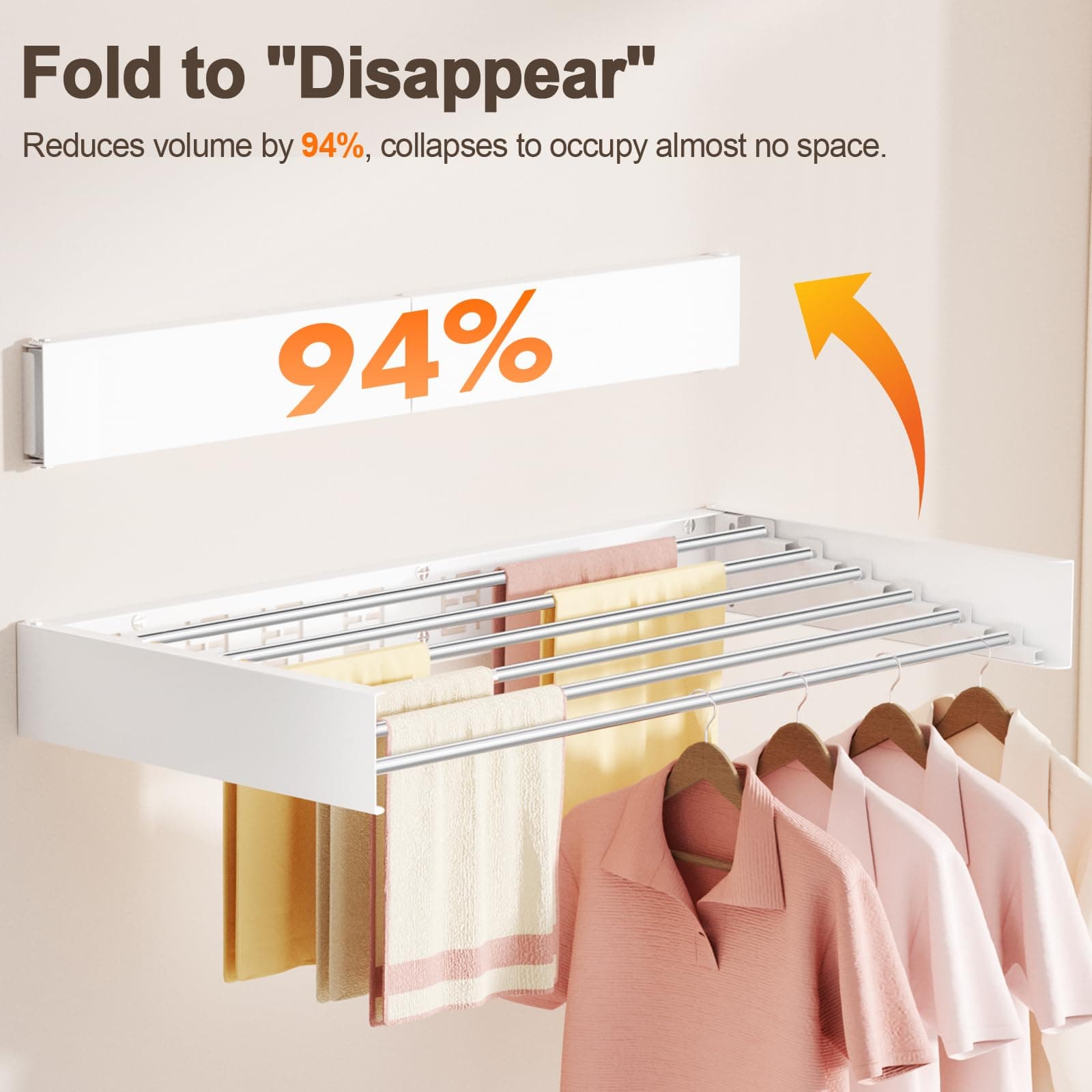 Vasunray Wall Mounted Drying Rack 6 Rods Retractable White 40" - Thumbnail 4