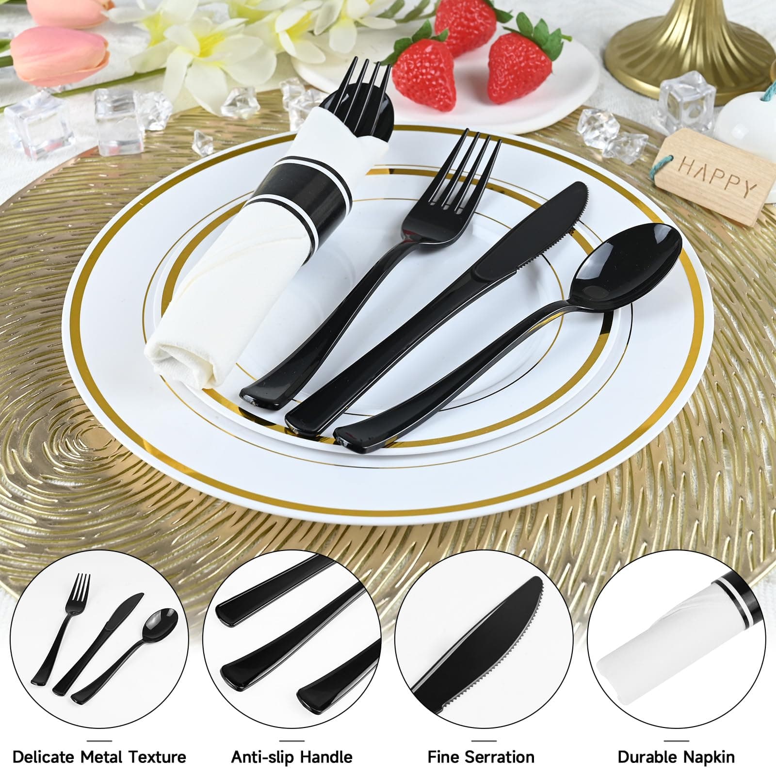 100Pack Black Plastic Pre Rolled Spoons Forks Knives for Party Wedding - Thumbnail 3