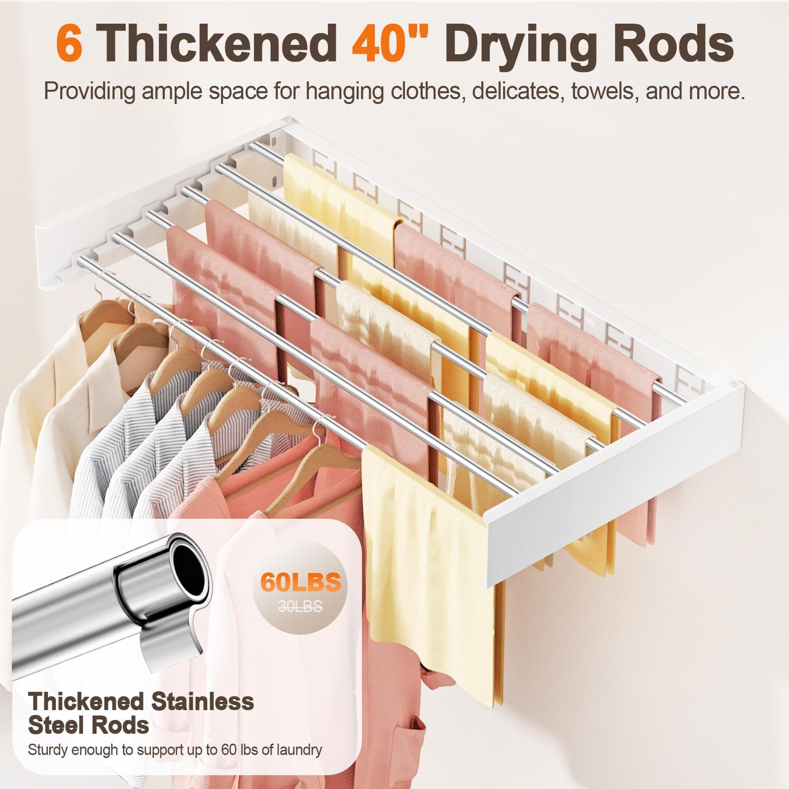 Vasunray Wall Mounted Drying Rack 6 Rods Retractable White 40" - Thumbnail 5
