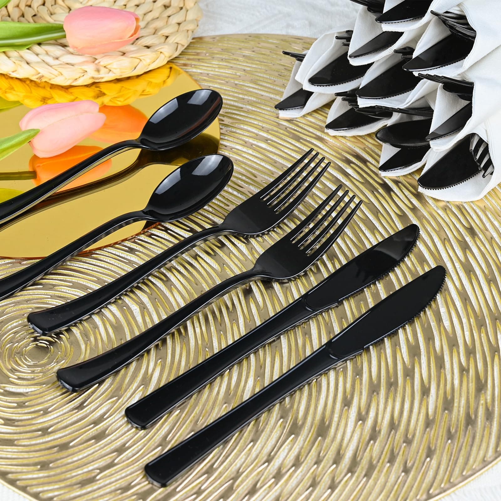100Pack Black Plastic Pre Rolled Spoons Forks Knives for Party Wedding - Thumbnail 5
