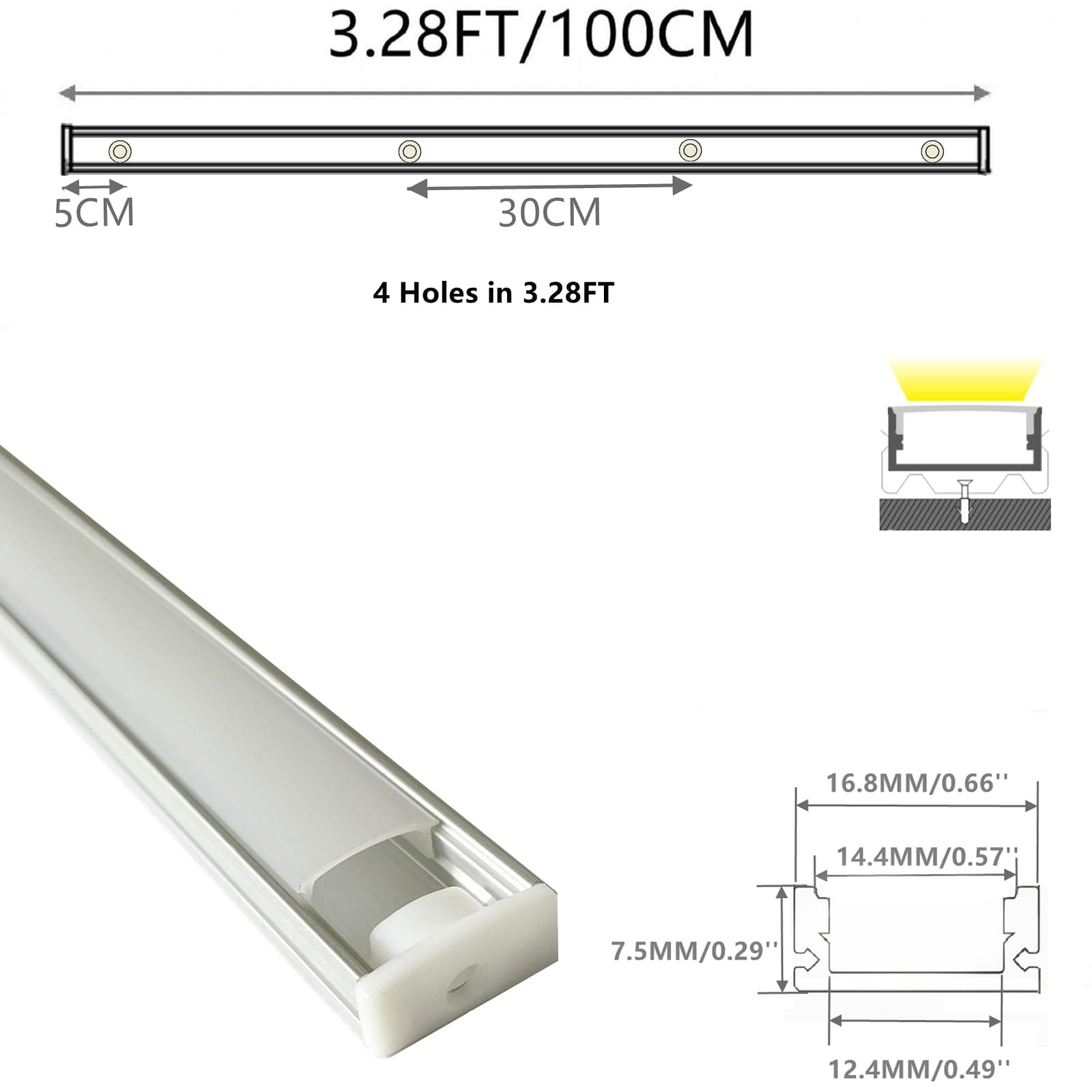 5-Pack 3.3FT/100CM LED Strip U Channel Diffuser Under Cabinet Aluminum Track - Thumbnail 3