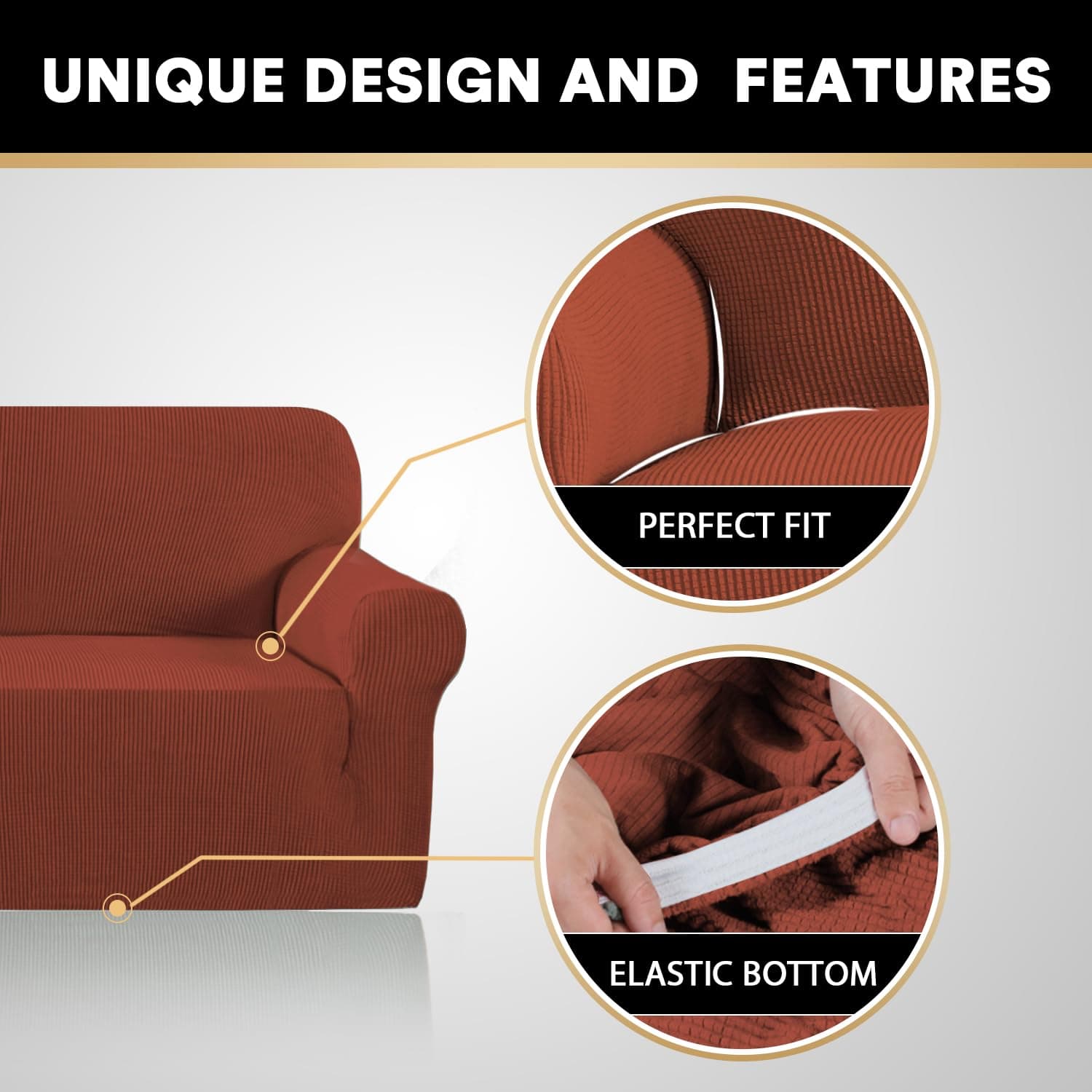 PrinceDeco Couch Covers for 3 Cushion XL Sofa - Rust - Thumbnail 3