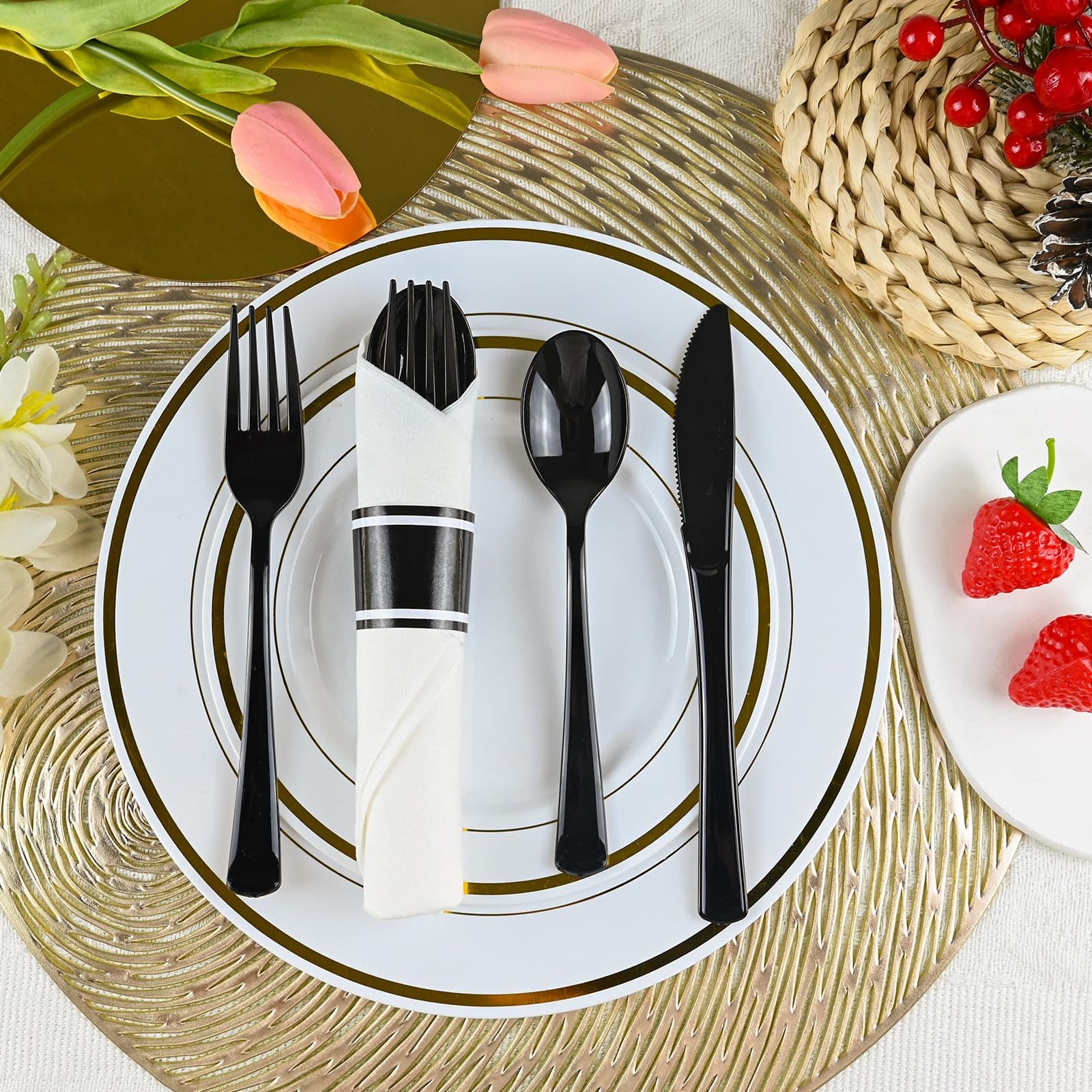 100Pack Black Plastic Pre Rolled Spoons Forks Knives for Party Wedding - Thumbnail 4