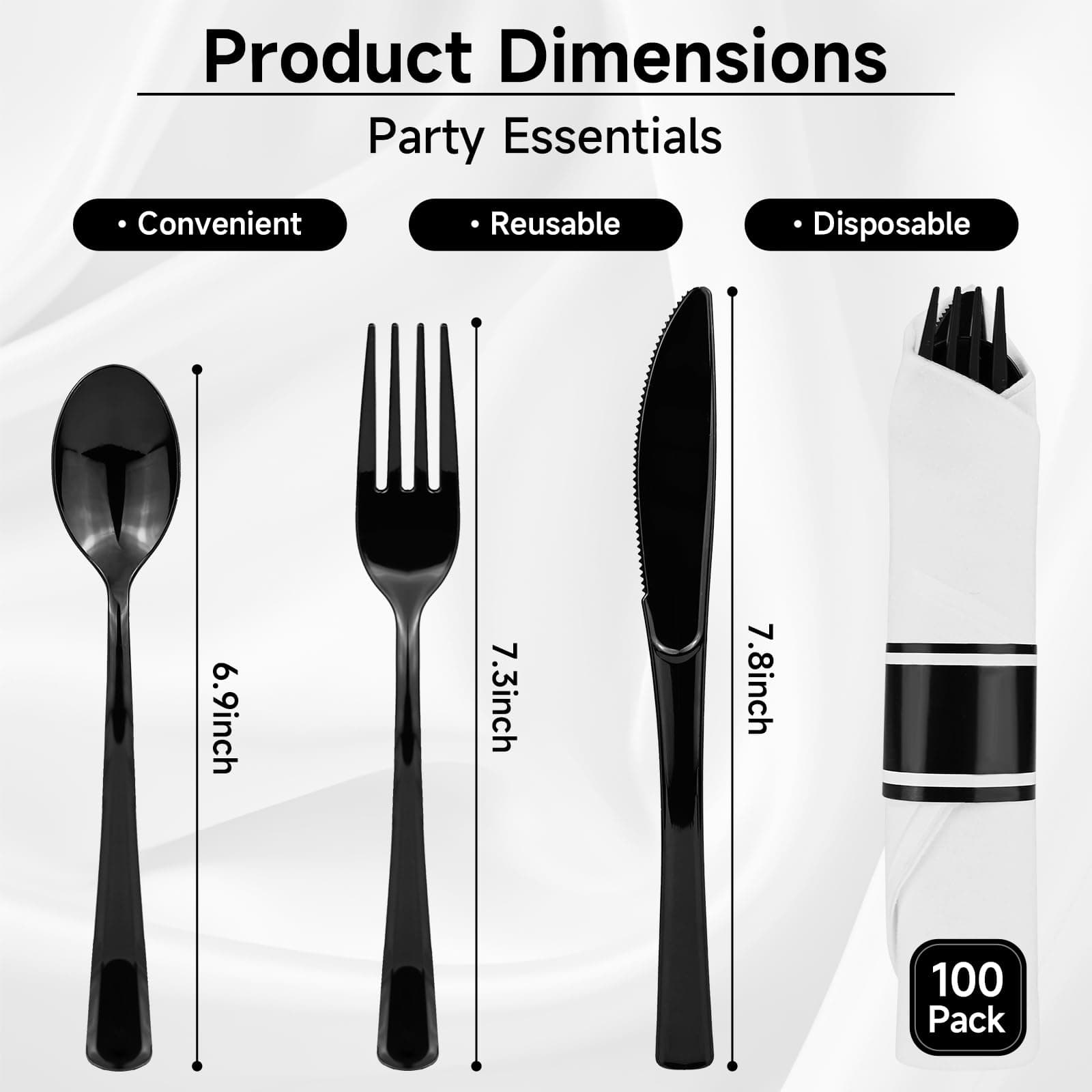 100Pack Black Plastic Pre Rolled Spoons Forks Knives for Party Wedding - Thumbnail 2