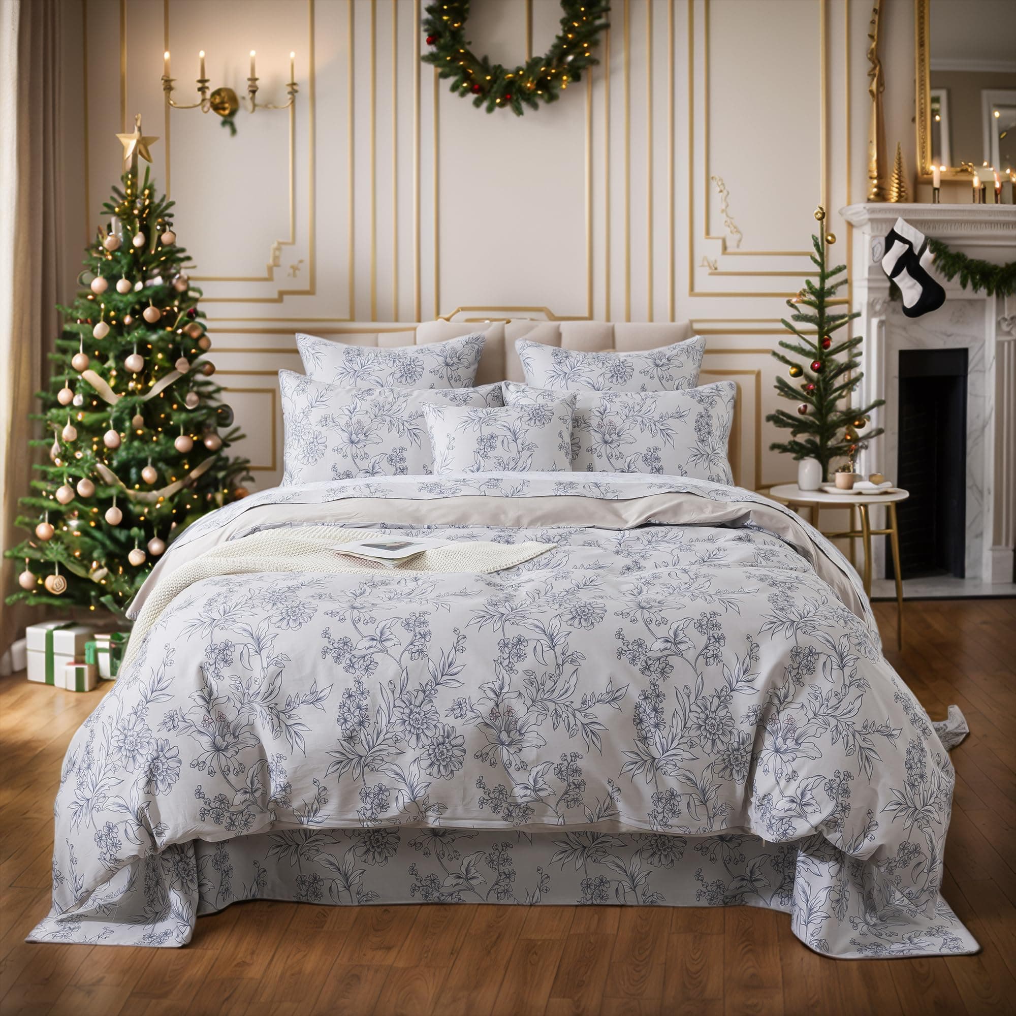 FADFAY Queen Duvet Cover Set Vintage Peony Floral Khaki 100% Cotton 3Pcs