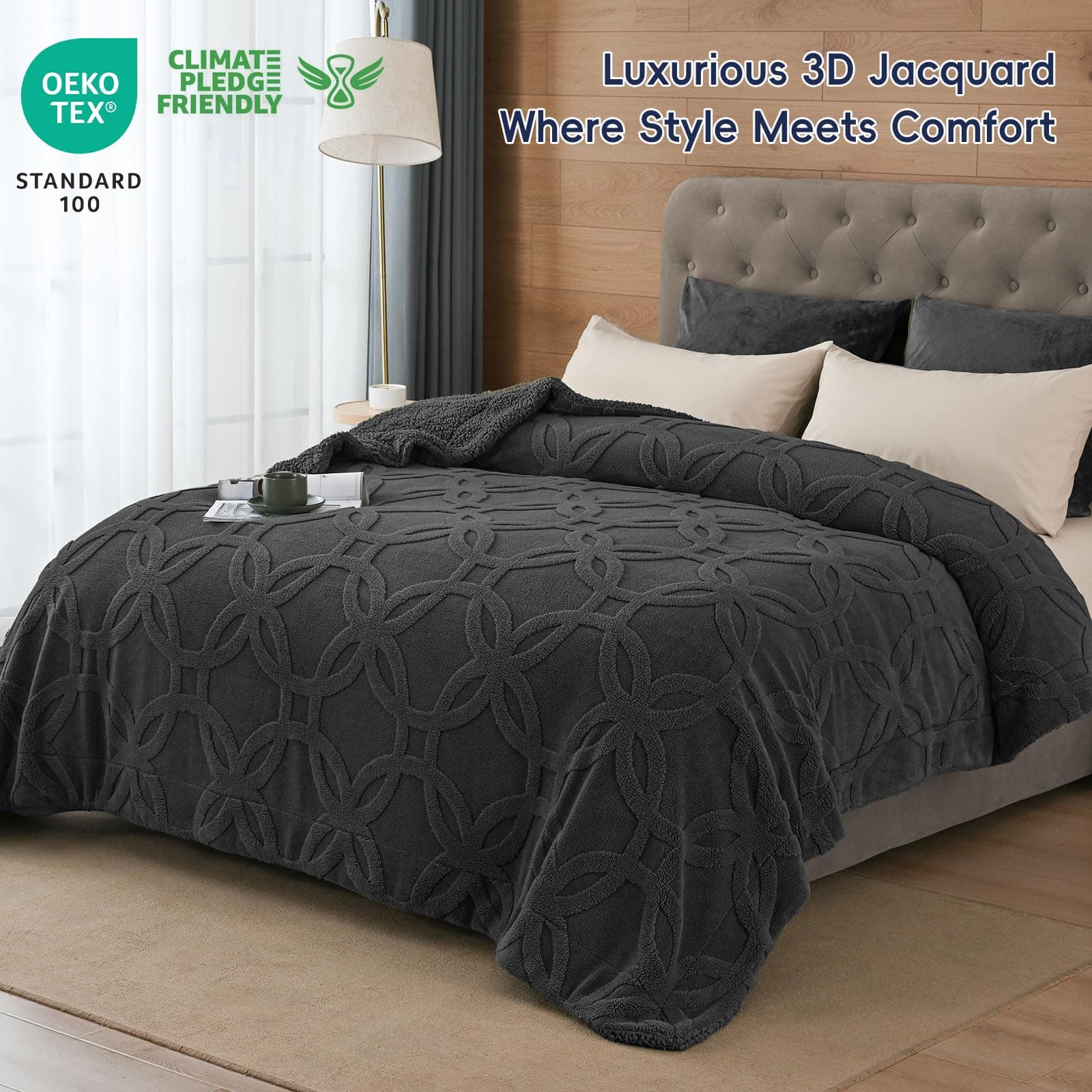 PHF Sherpa Fleece Blanket King Size 108" x 90" Dark Grey - Thumbnail 5