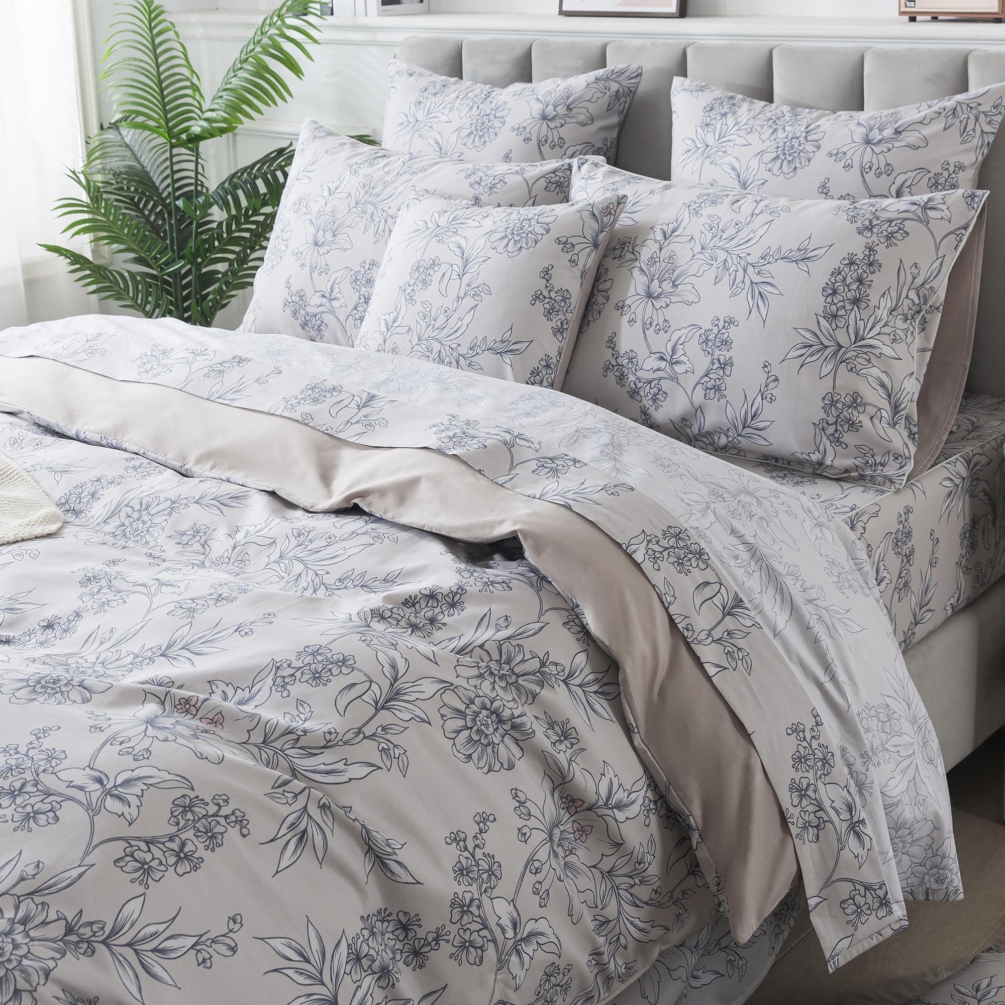 FADFAY Queen Duvet Cover Set Vintage Peony Floral Khaki 100% Cotton 3Pcs - Thumbnail 8