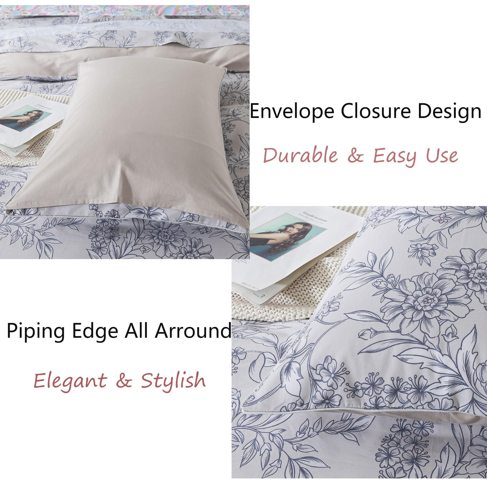 FADFAY Queen Duvet Cover Set Vintage Peony Floral Khaki 100% Cotton 3Pcs - Thumbnail 5