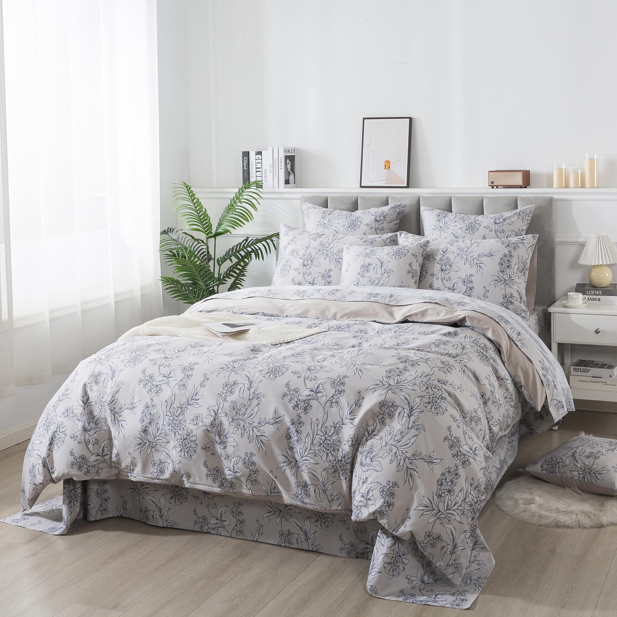 FADFAY Queen Duvet Cover Set Vintage Peony Floral Khaki 100% Cotton 3Pcs - Thumbnail 2