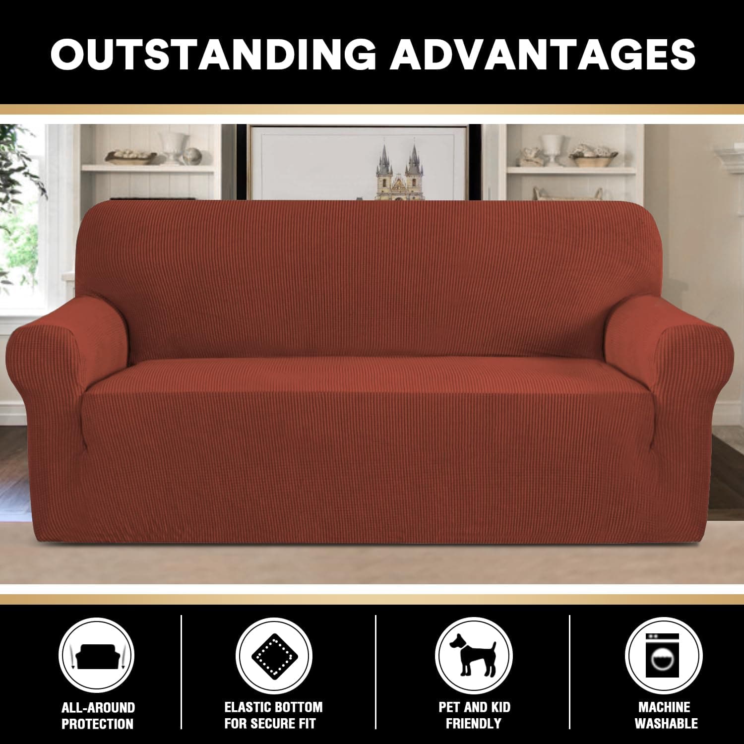 PrinceDeco Couch Covers for 3 Cushion XL Sofa - Rust - Thumbnail 5