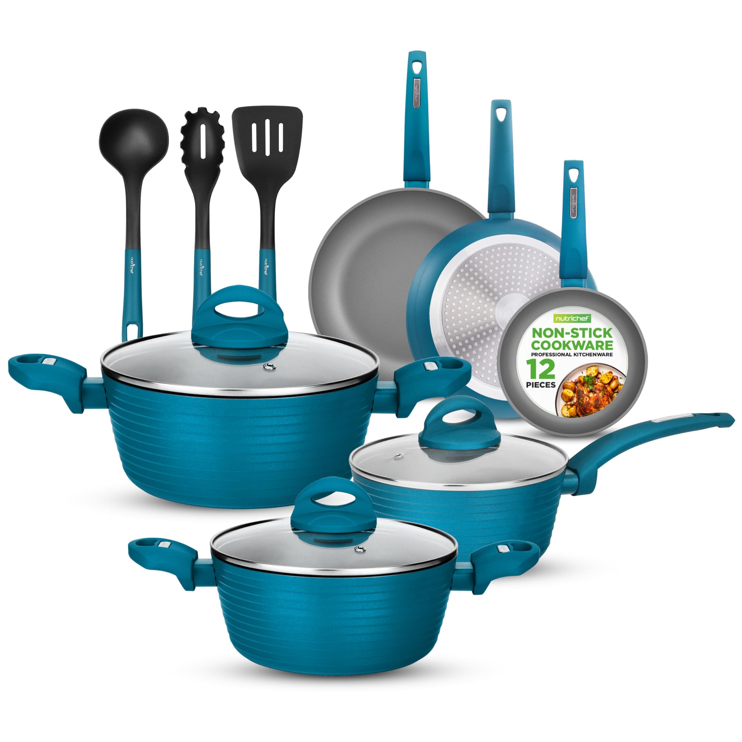 NutriChef NCCW12GR.6 12-Piece Nonstick Cookware Set Light Gray/Green Induction