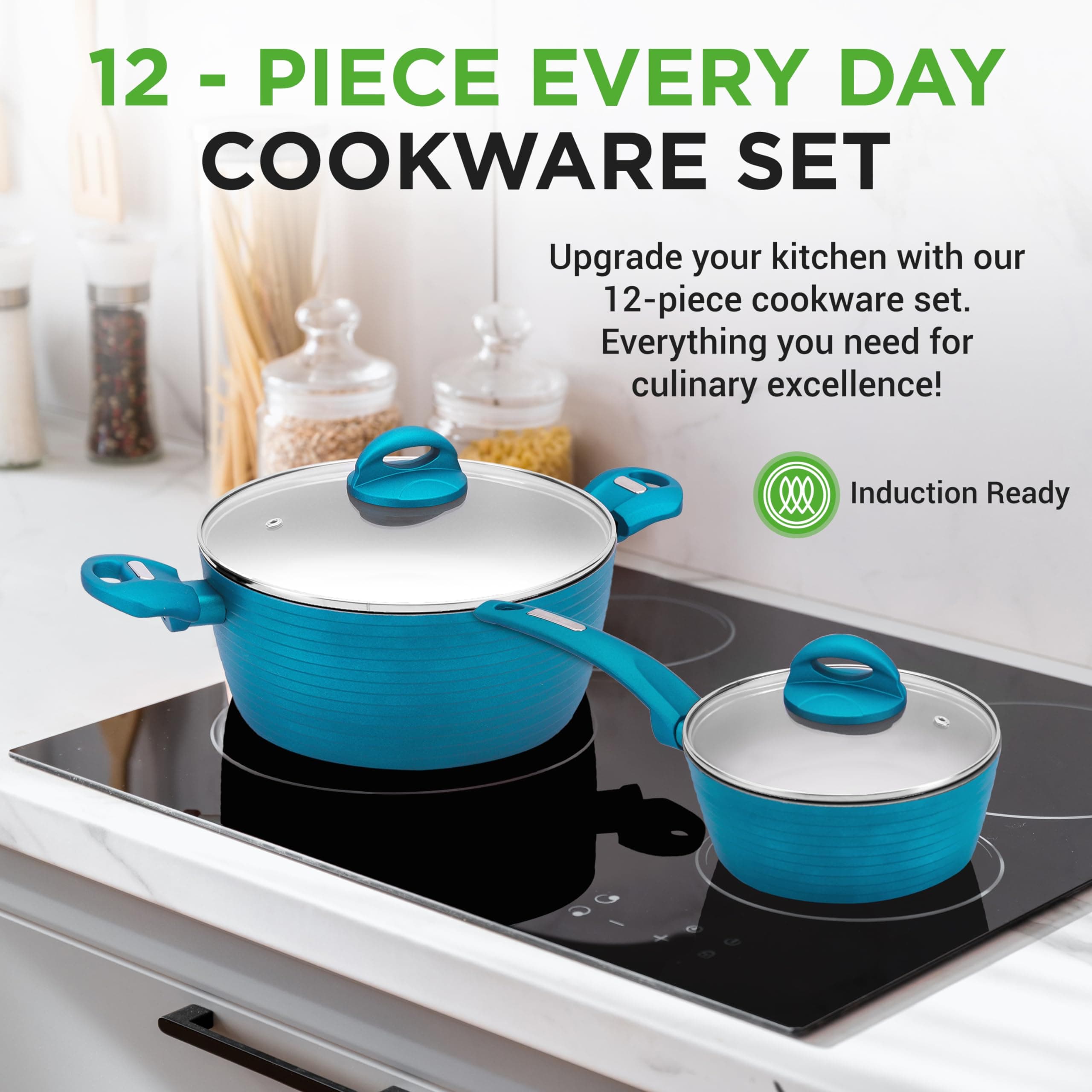 NutriChef NCCW12GR.6 12-Piece Nonstick Cookware Set Light Gray/Green Induction - Thumbnail 2