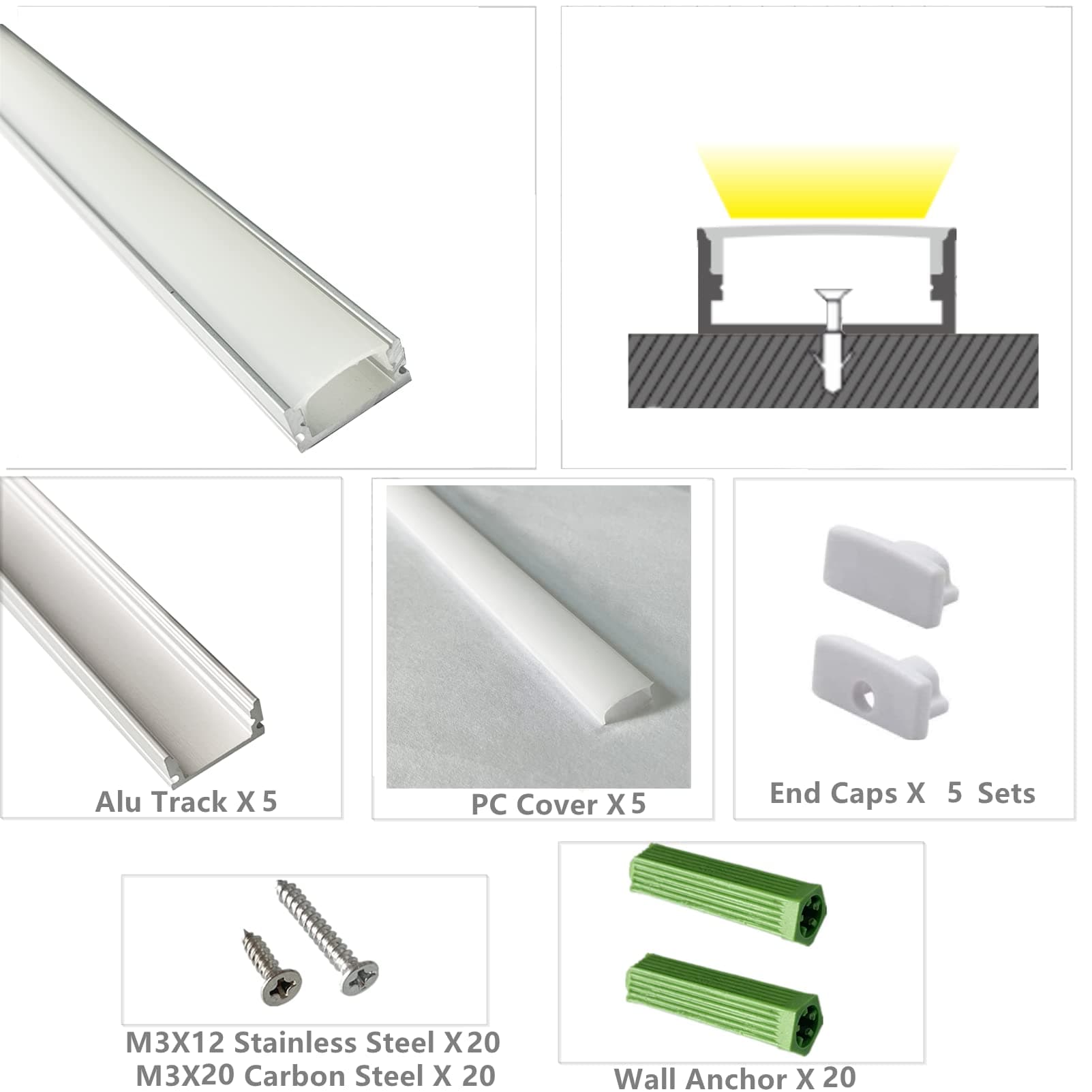 5-Pack 3.3FT/100CM LED Strip U Channel Diffuser Under Cabinet Aluminum Track - Thumbnail 2