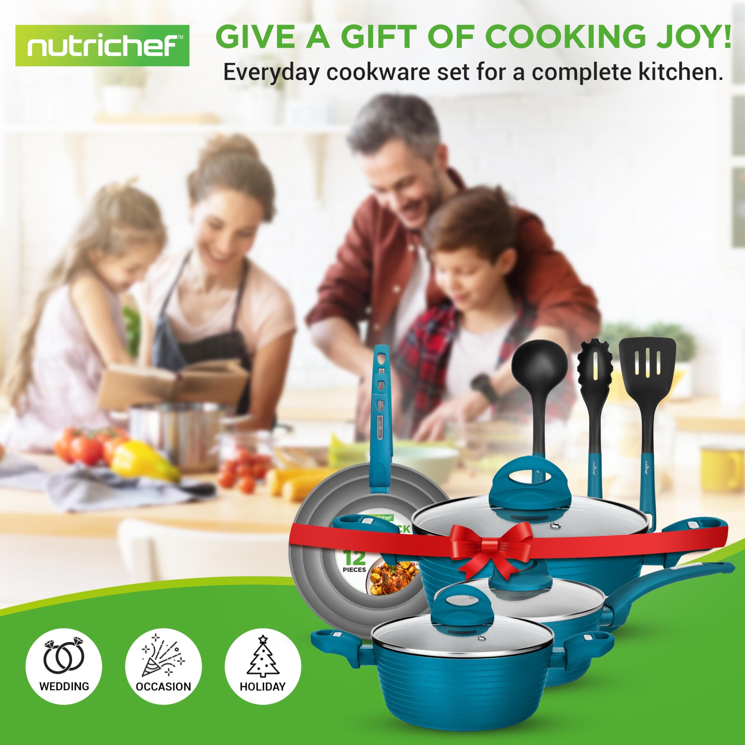 NutriChef NCCW12GR.6 12-Piece Nonstick Cookware Set Light Gray/Green Induction - Thumbnail 7