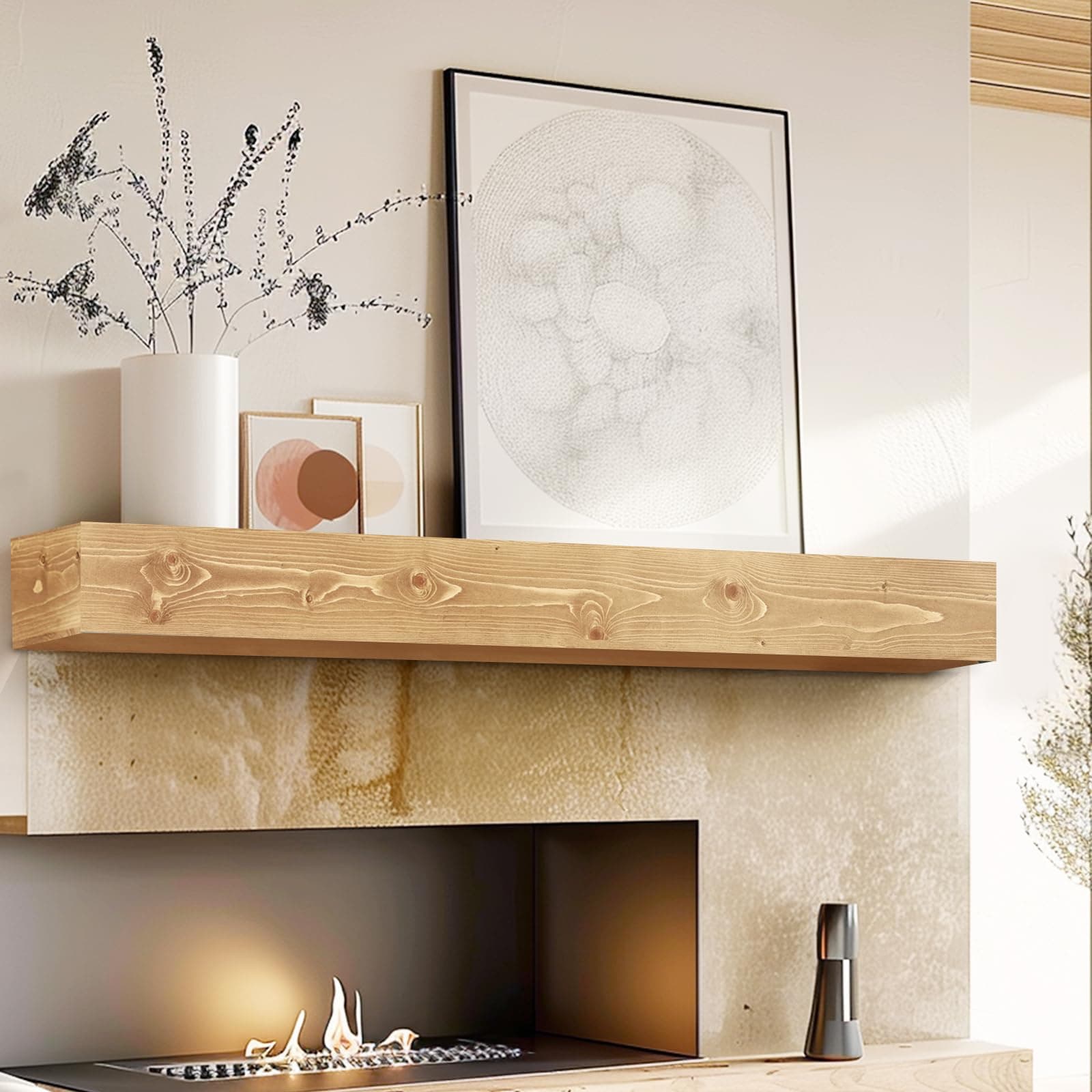 YLYHSST 48" Fireplace Mantel 5'' Thick Hollow Wood Floating Shelf Wood Color