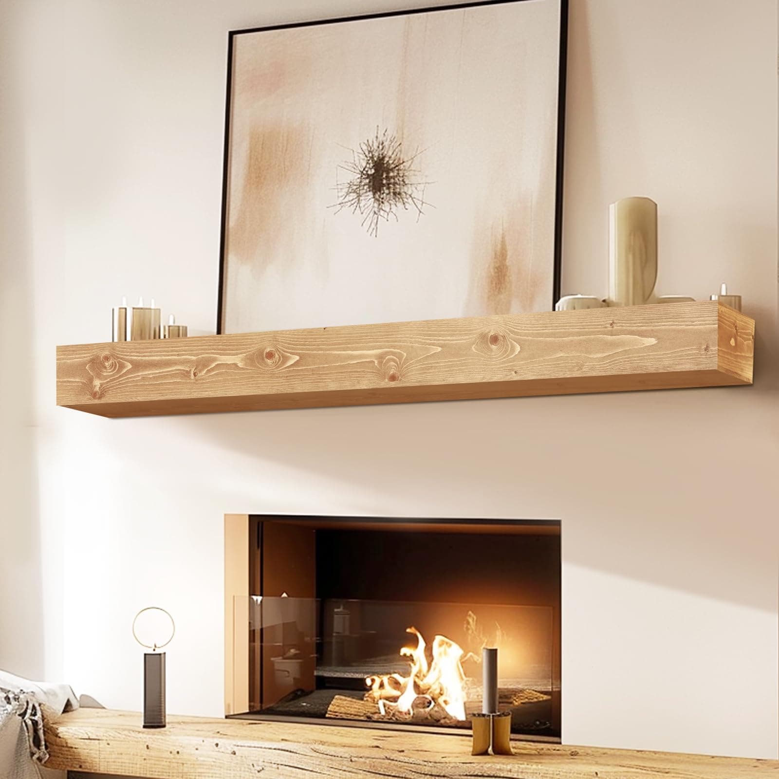 YLYHSST 48" Fireplace Mantel 5'' Thick Hollow Wood Floating Shelf Wood Color - Thumbnail 3